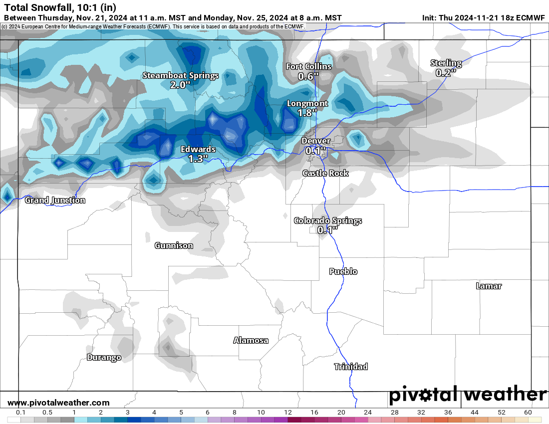 An ECMWF Total snowfall 10:1 (in) forecast map for Colorado for 8 a.m., Monday, Nov. 25, 2024. (PivotalWeather.com)