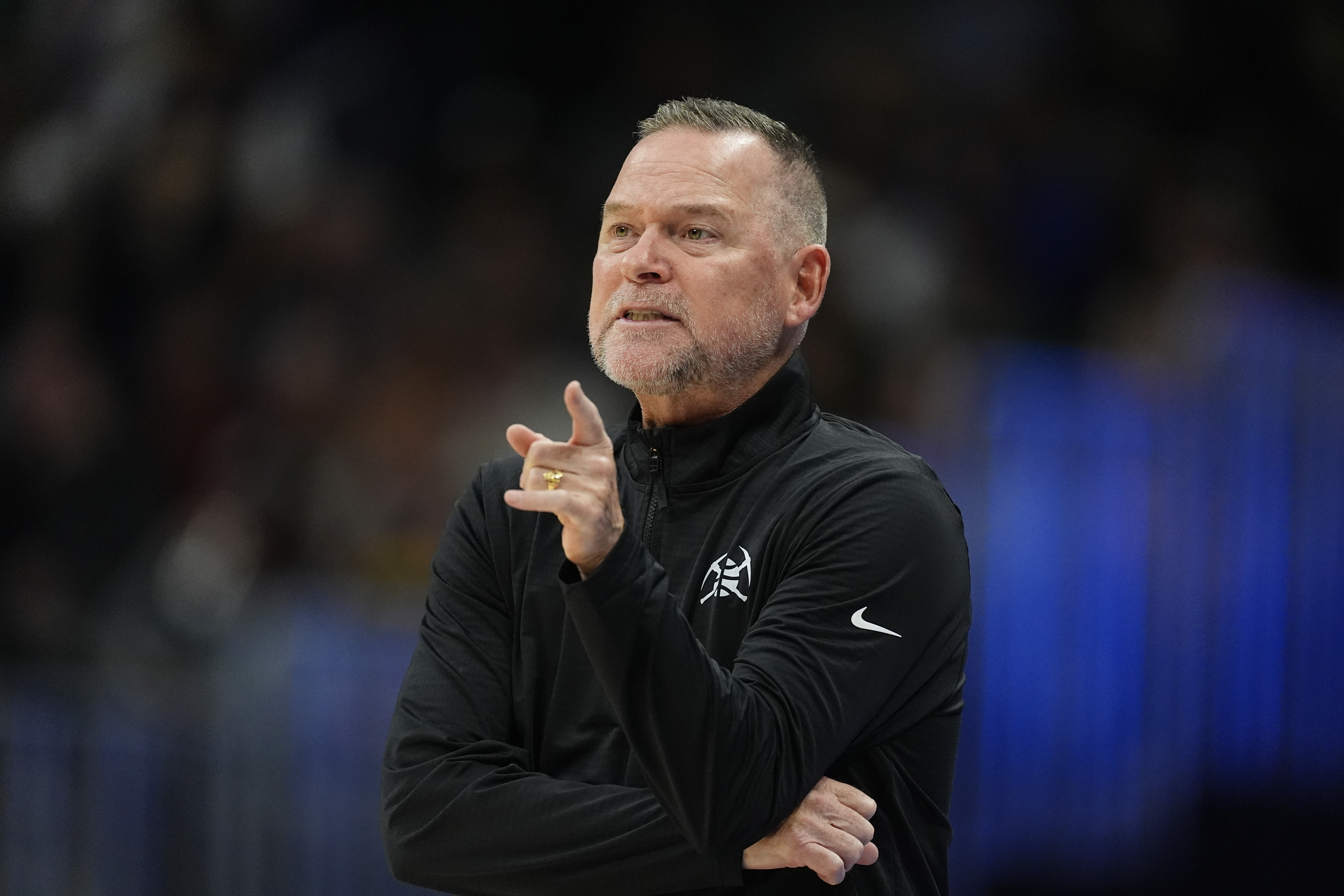 Denver Nuggets head coach Michael Malone () in the first half of an NBA preseason basketball game Tuesday, Oct. 15, 2024, in Denver. (AP Photo/David Zalubowski) (David Zalubowski)