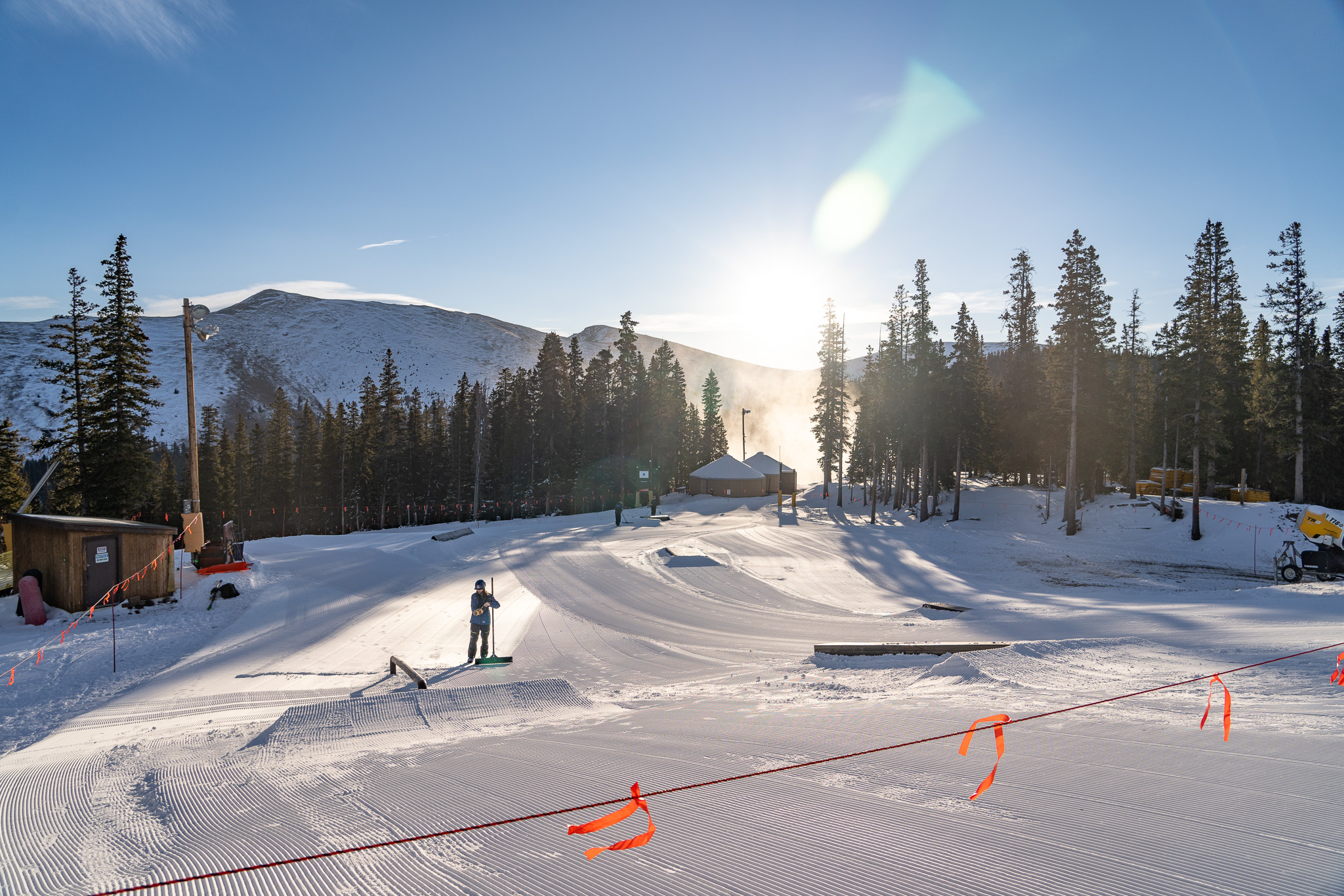 A Keystone Resort terrain park crew member works on the upper hill terrain park Saturday, Nov. 2, 2024 at Keystone Resort on opening day of the resort for winter 2024-25. (Courtesy, Katie Young, Keystone Resort)
