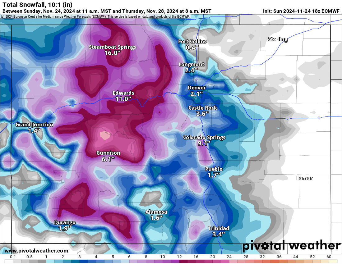 An ECMWF Total snowfall 10:1 (in) forecast model for Colorado from between 11 a.m., Sunday, Nov. 24 to 8 a.m., Thursday, Nov. 28, 2024. (PivotalWeather.com)