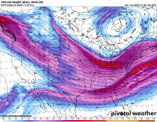 An ECMWF 500 mb Height (dam) Wind (kt) forecast map loop for the United States from 2 p.m., Friday, Nov. 29 to 11 a.m., Thursday, Dec. 12, 2024. (PivotalWeather.com)