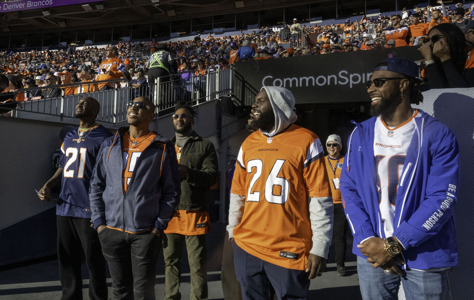 David Bruton, Jr., Darian Stewart,T.J. Ward, Chris Harris, Jr., and Aquib Talib (right) to left were honored at the Broncos game against the Falcons on Sunday, Nov. 17, 2024. The group was known as the “No Fly Zone” during the year that the Broncos won Super Bowl 50.