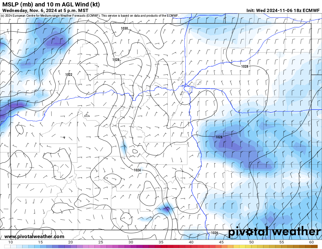 The ECMWF MSLP (mb) and 10m AGL Wind (kt) forecast model for 2 p.m. Wednesday, Nov. 6 for Colorado. The winds were forecast to blow from the north and northeast into Wednesday night, bringing snow showers on upsloping flows back into Colorado. (PivotalWeather.com)