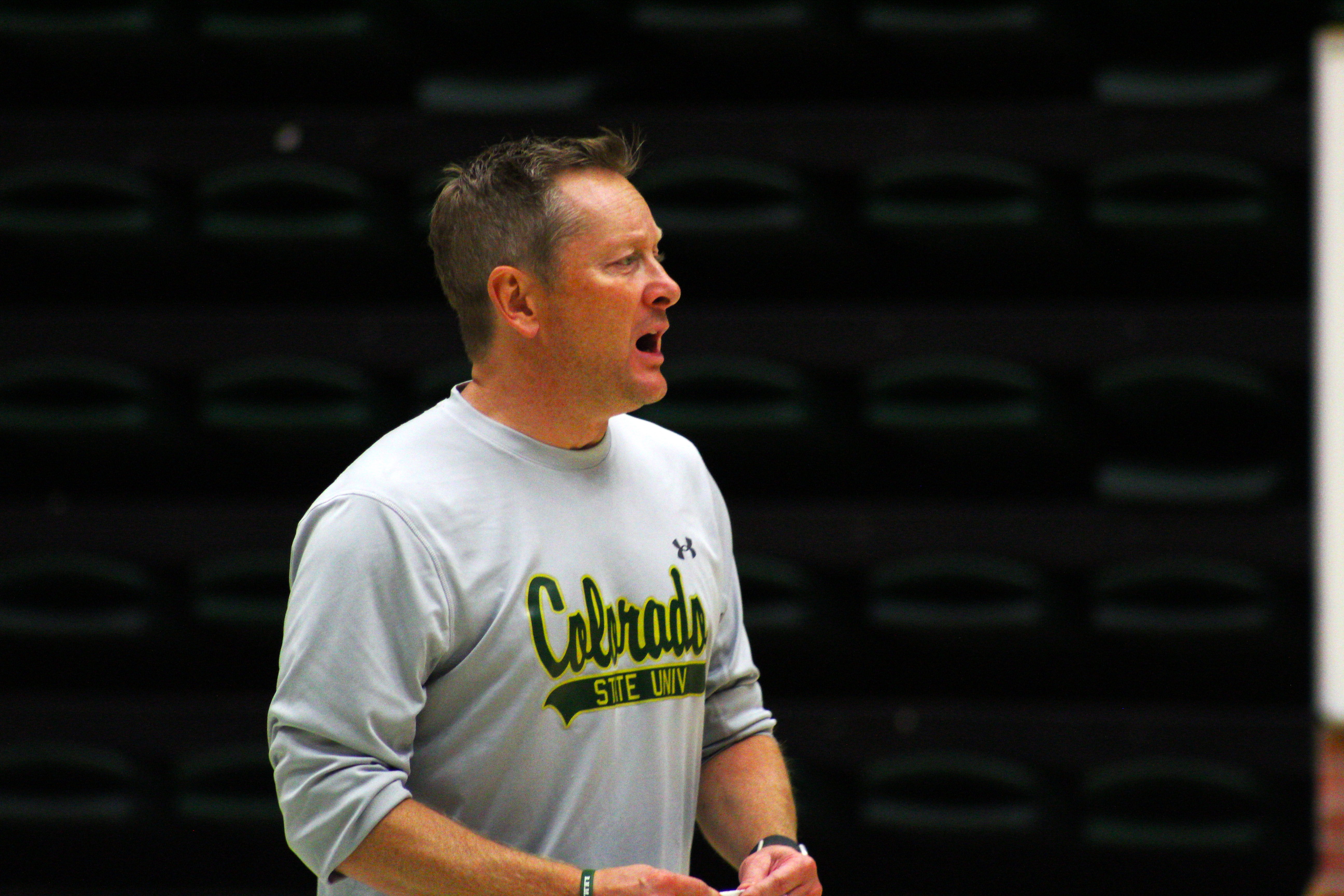 Colorado State men's basketball coach Niko Medved gives his team instructions during a preseason practice on Oct. 24, 2024 at Moby Arena in Fort Collins. (Tyler King, The Denver Gazette)