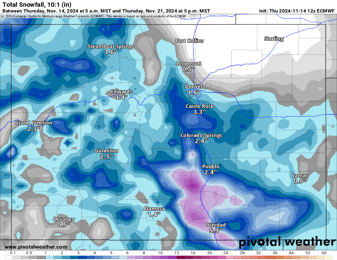 The ECMWF Total snowfall 10:1 (in) forecast model for Colorado by 5 p.m., Thursday, Nov. 21, 2024. (PivotalWeather.com)
