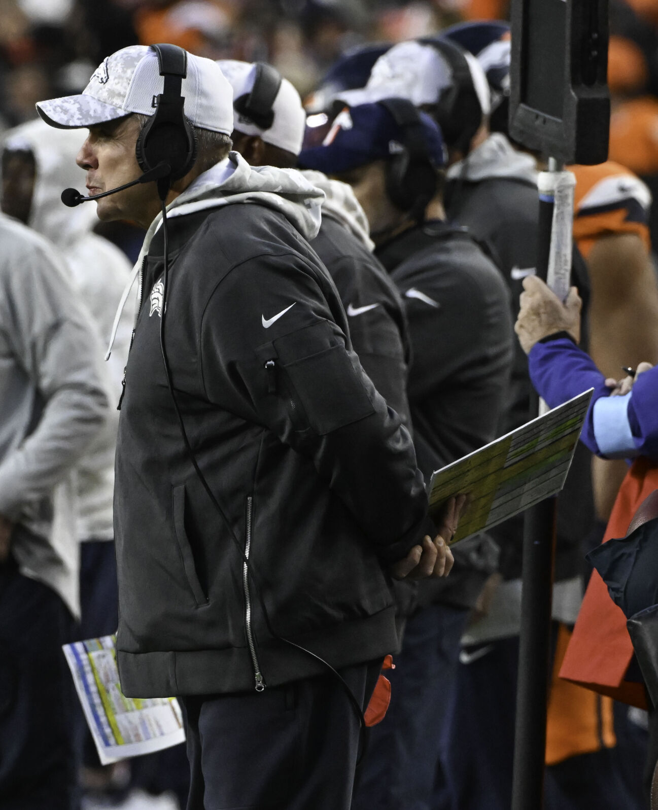 Denver Broncos Head Coach Sean Payton looks pensive during the third quarter of a game at Empower Field at Mile High on Sunday, Nov. 17, 2024. The Broncos defeated the Falcons 38-6. (Jerilee Bennett,The Gazette)