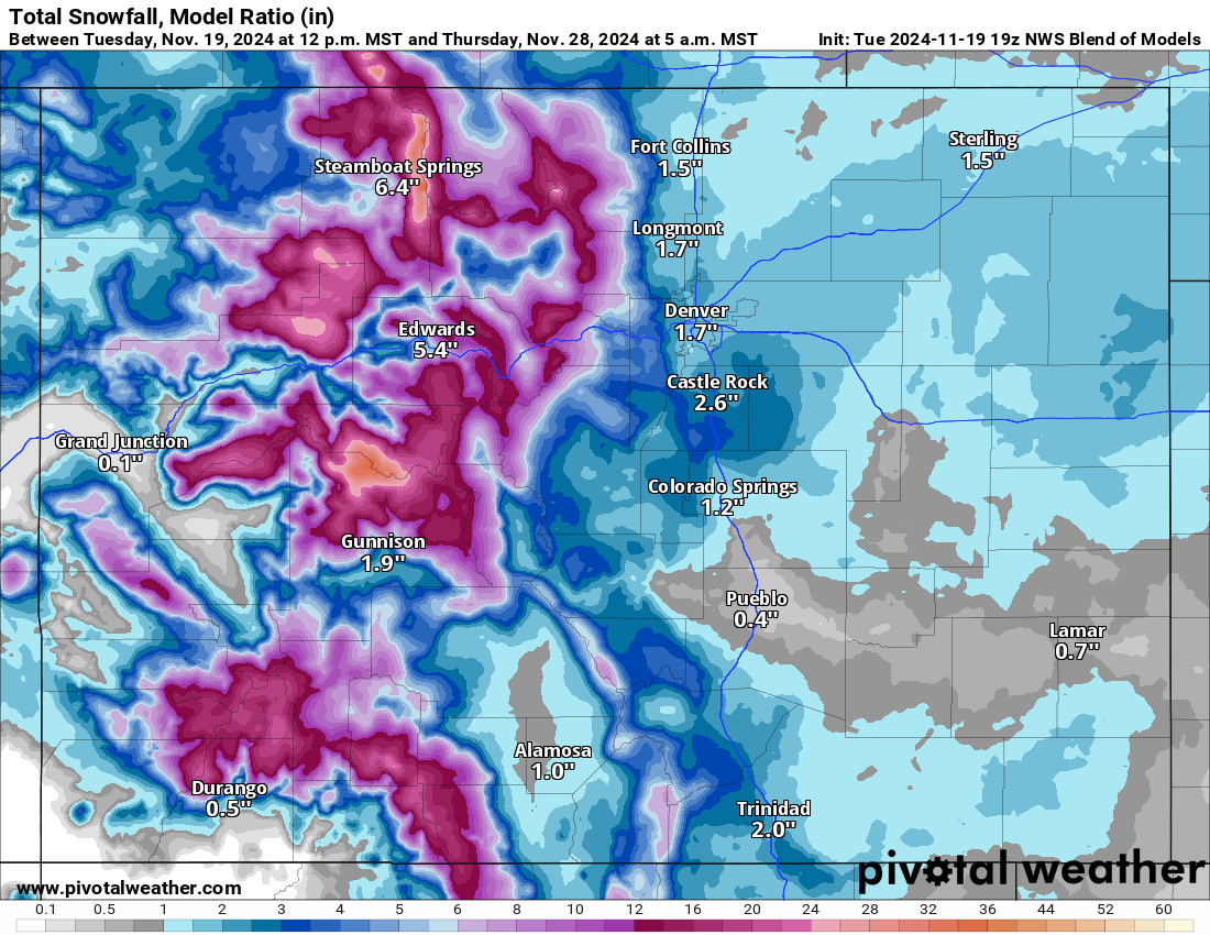 A NWS Blend Total snowfall 10:1 (in) forecast map for Colorado for Thursday, Nov. 28, 2024 shows accumulated snows exceeding 30 inches is some spots of Colorado by Thanksgiving Day. (PivotalWeather.com)