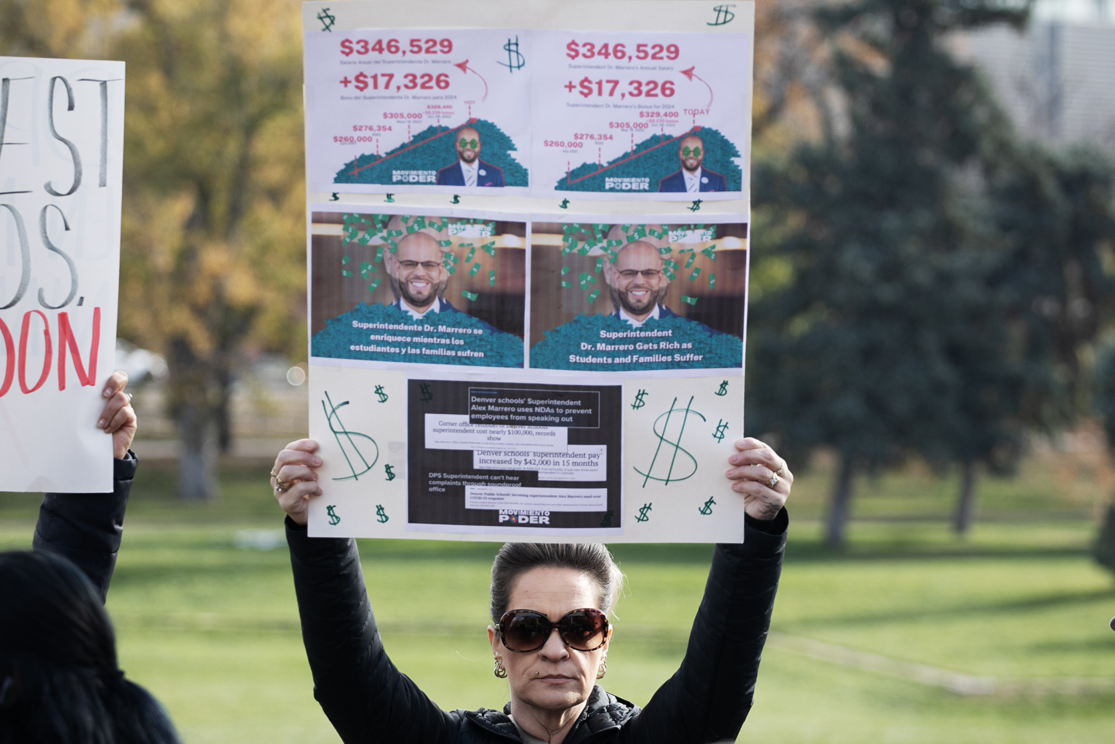 Maria Rodriguez holds a sign detailing Denver Public Schools Superintendent Dr. Alex Marrero's salary raise while walking with students during a walkout for schools affected by the DPS Board of Education's closure recommendation through Denver, Colo. on Friday, Nov. 15, 2024. (TomHellauerMultimedia Producertom.hellauer@denvergazette.comhttps://denvergazette.com/content/tncms/avatars/f/9e/622/f9e6228a-3b6b-11ed-bf10-fbb71fa8e421.f54b911252c540f1d61709edc4727a39.png)