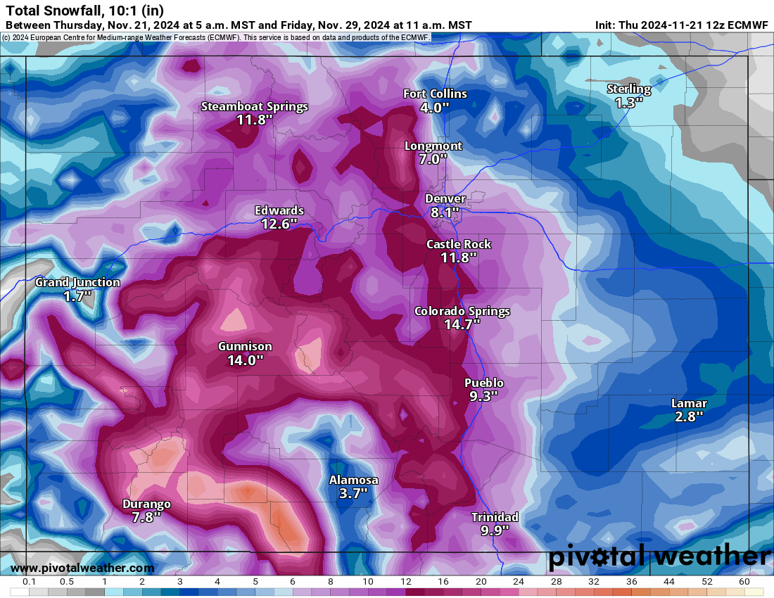 An ECMWF Total snowfall 10:1 (in) forecast map for Colorado from 6 p.m., Thursday, Nov. 21 to 5 a.m., Friday, Nov. 29, 2024. (PivotalWeather.com)