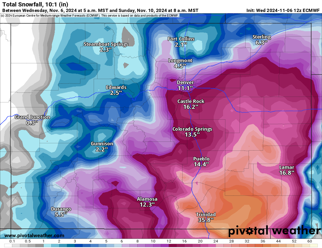 A ECMWF Total snowfall 10:1 (in) forecast model map shows the potential amount of snow to accumulate from a winter storm for Colorado from Nov. 6-10. (PivotalWeather.com)
