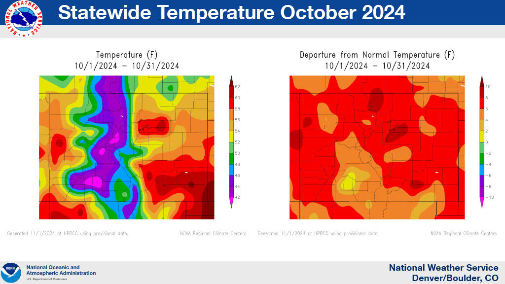 A map of Colorado with recorded temperatures (left) and departure from normal (right) from Oct. 1-31, 2024. (Courtesy, National Weather Service)