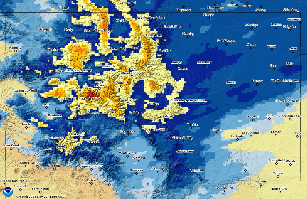 A snowfall analysis map of Colorado from the National Operational Hydrologic Remote Sensing Center showing total accumulated snowfall from Sunday, Nov. 17, 2023. (NOAA)