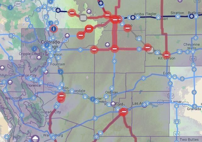 Road closures at 9:30 a.m. Thursday around southeastern Colorado. (Screen grab, CDOT)