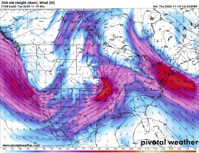 A ECMWF 500 mb Height (dam), Wind (kt) forecast model loop of a forecasted storm system crossing over the Colorado/New Mexico state line from 5 p.m., Tuesday, Nov. 19 to 11 p.m., Friday, Nov. 22, 2024. (PivotalWeather.com)