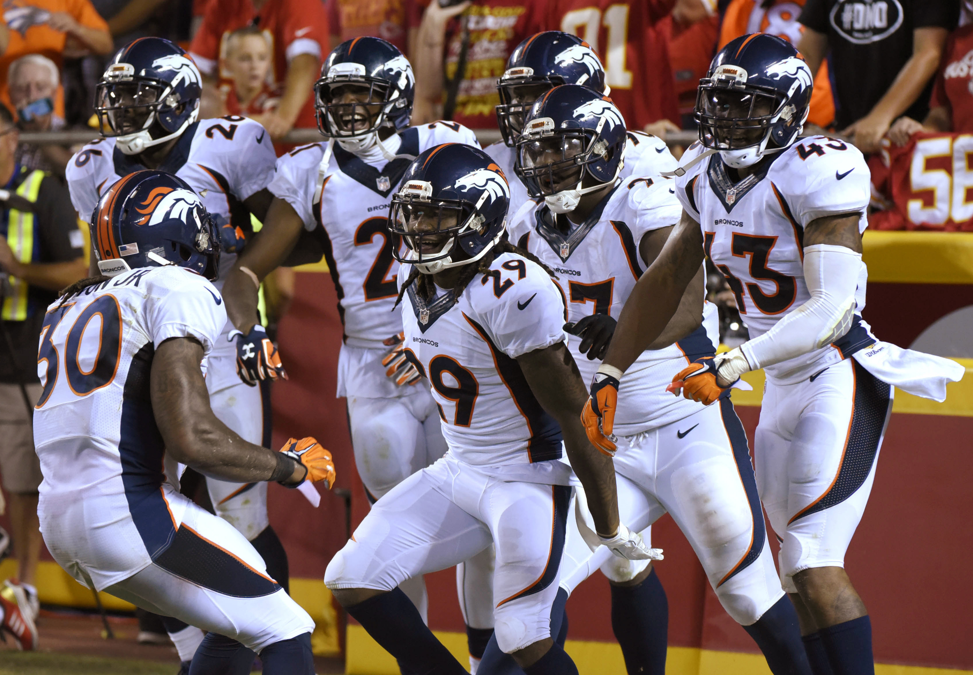Denver Broncos cornerback Bradley Roby (29) celebrates with teammates after he scored a touchdown on a fumble by Kansas City Chiefs running back Jamaal Charles during the second half of an NFL football game in Kansas City, Mo., Thursday, Sept. 17, 2015. Denver won 31-24. (AP Photo/Ed Zurga) (Ed Zurga)