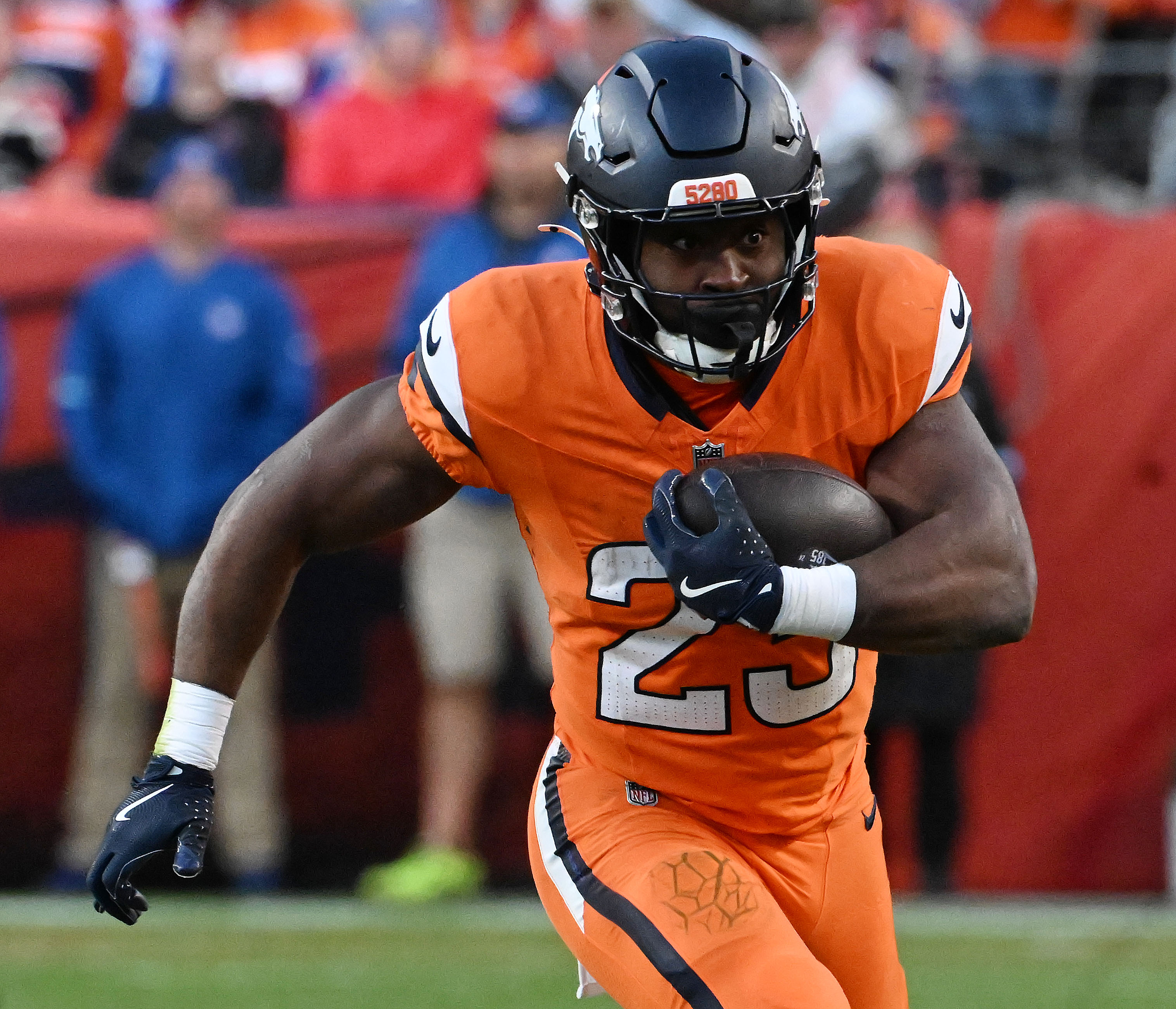 Denver Broncos running back Audric Estime (23) runs with the ball during a game against the Falcons at Empower Field at Mile High on Sunday, Nov. 17, 2024. (Jerilee Bennett,The Gazette)