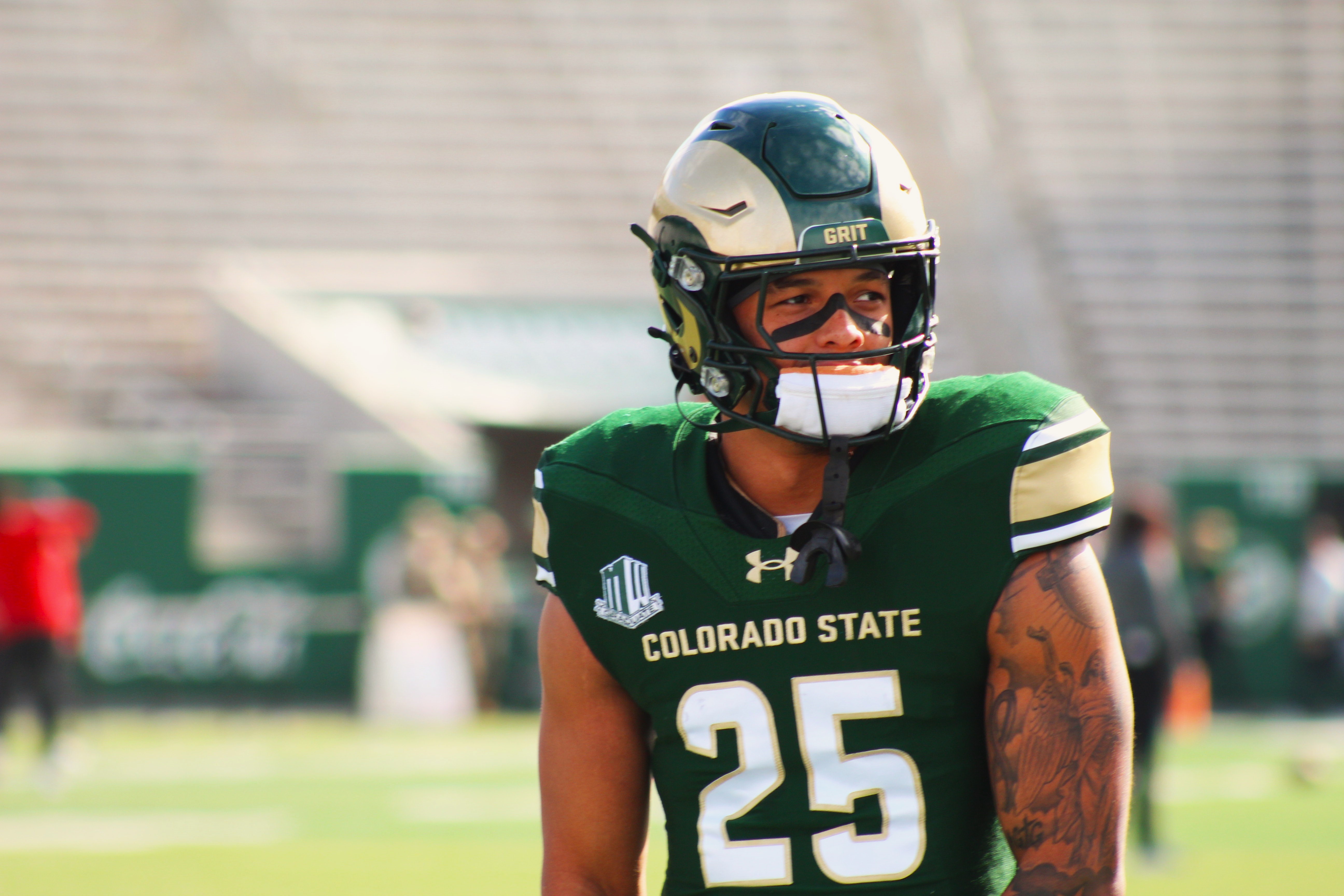Colorado State senior running back Avery Morrow (25) looks on before a game against New Mexico on Saturday, Oct. 26, 2024 at Canvas Stadium in Fort Collins. (Tyler King, The Denver Gazette)