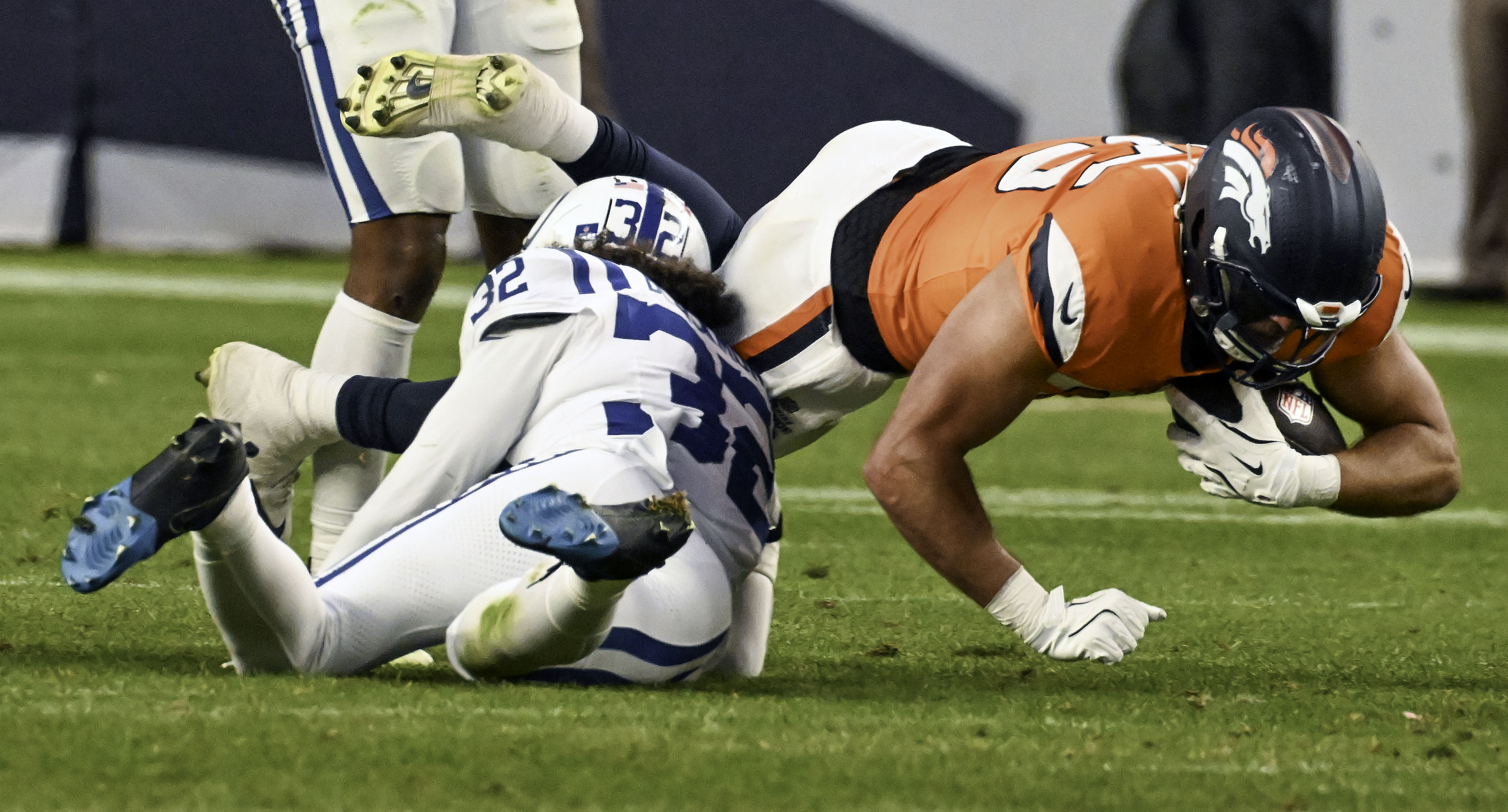 Denver Broncos tight end Lucas Krull (85) fights for extra yards during a game against the Colts on Sunday, Dec. 15, 2024. (Jerilee Bennett,The Gazette)