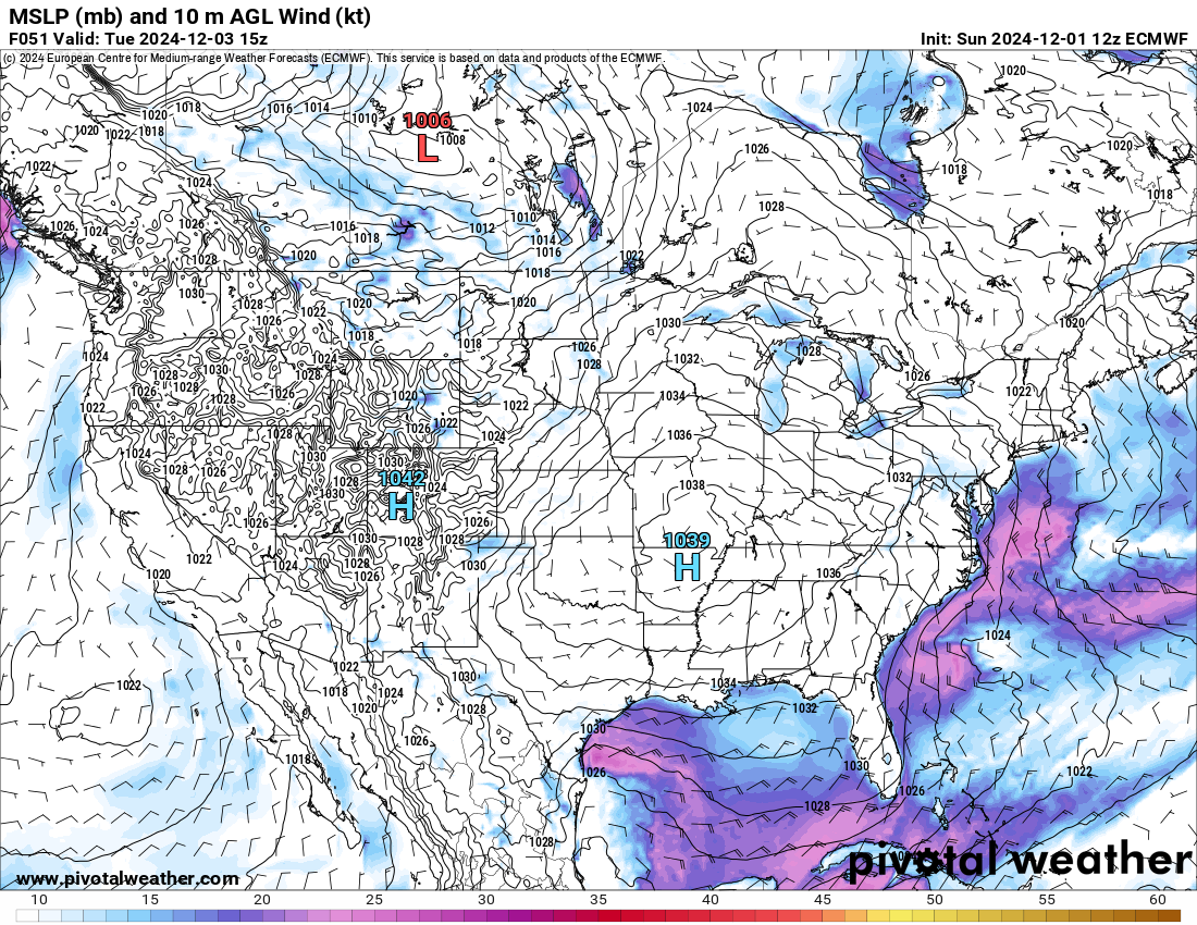 An ECMWF MSLP (mb) and 10 m AGL Wind (kt) forecast model for the United States on Tuesday, Dec. 3, 2024. (PivtoalWeather.com)