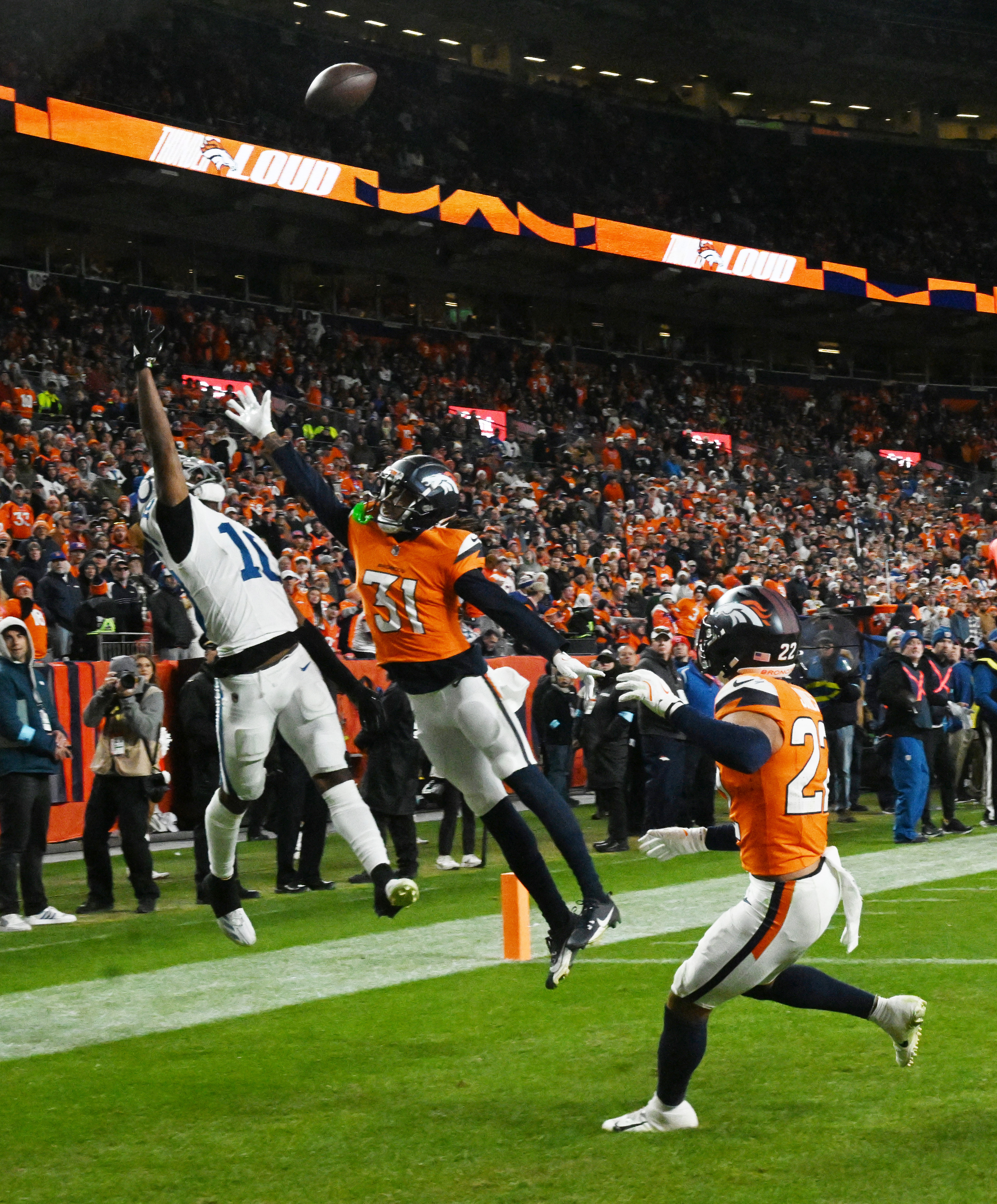 Denver Broncos cornerback Kris Abrams-Draine (31) defends Indianapolis Colts wide receiver Michael Pittman Jr. (11) from a touchdown pass during a game.The Broncos defeated the Colts 31-13 at Empower Field at Mile High on Sunday, Dec. 15, 2024. (Jerilee Bennett,The Gazette)