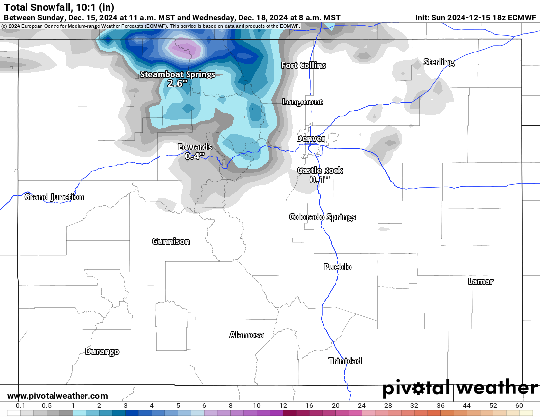 An ECMWF Total snowfall 10:1 (in) forecast map of Colorado for 8 a.m., Wednesday, Dec. 18, 2024. (PivotalWeather.com)