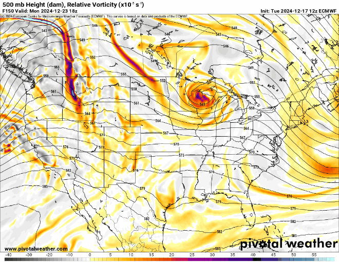 An ECMWF 500 mb Height (dam), Relative Vorticity forecast model loop map of the US for between 8 a.m., Monday, Dec. 23, 2024 to 5 a.m., Jan. 1, 2025. (PivotalWeather.com)