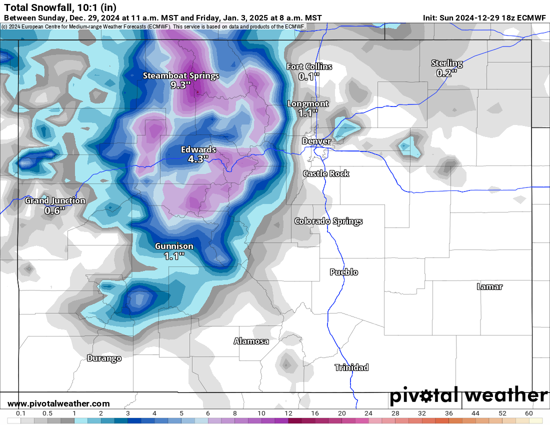 An ECMWF Total snowfall 10:1 (in) forecast for Colorado from 11 a.m., Sunday, Dec. 29, 2024 to 8 a.m., Friday, Jan 3, 2025. (PivotalWeather.com)