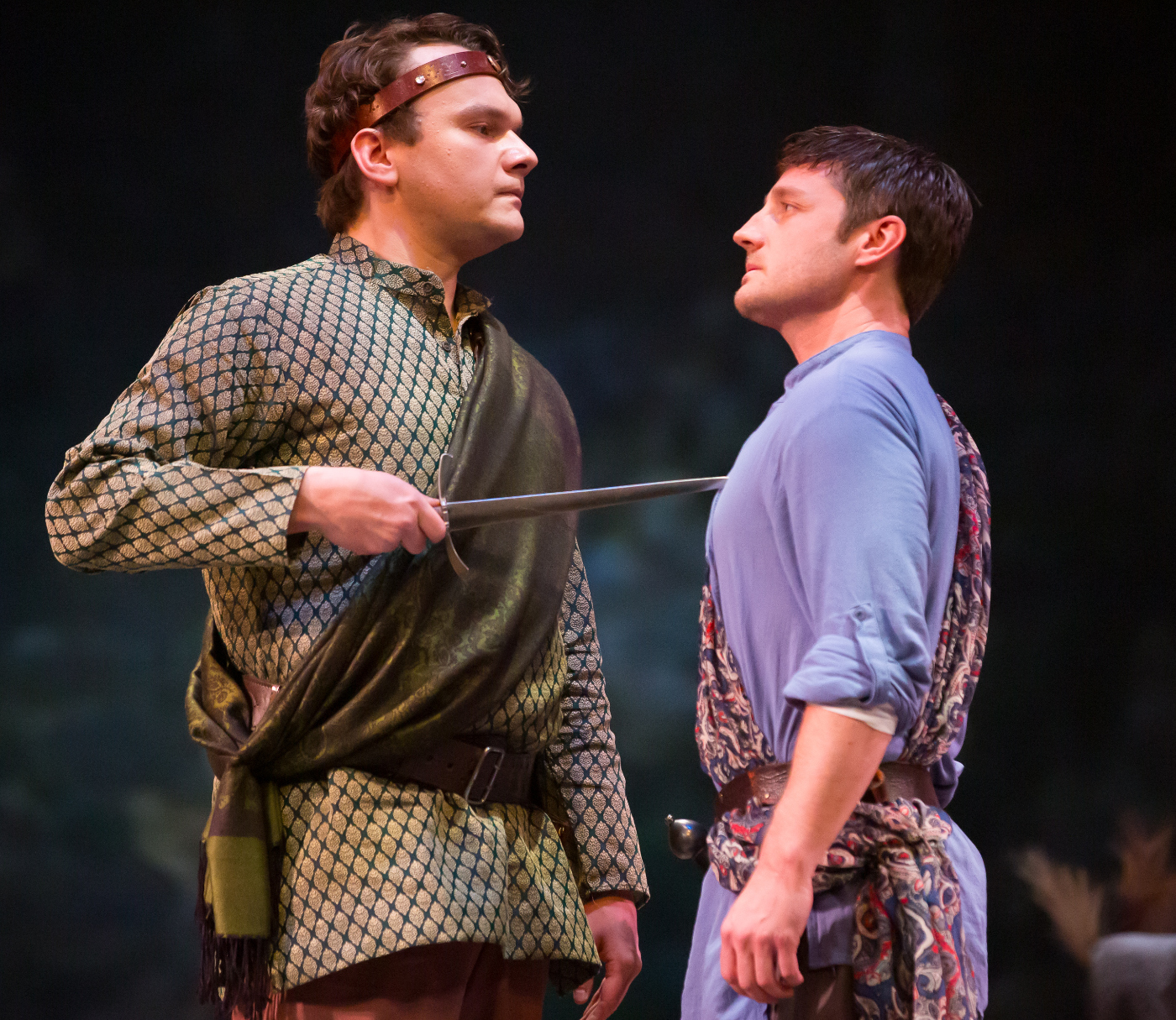 Jacob Dresch, left, as Malcolm and Sean Scrutchins as Macduff in the Colorado Shakespeare Festival's 2024 staging of