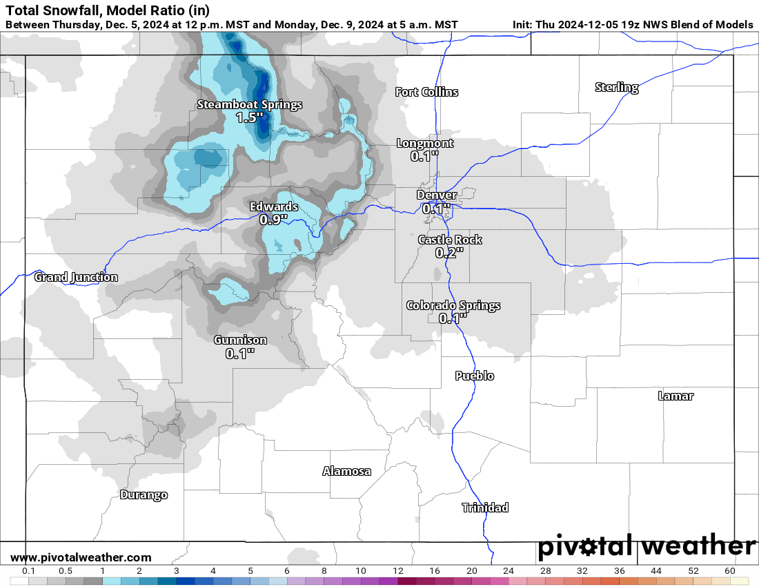 A NWS Blend of Models Total snowfall 10:1 (in) forecast model for Colorado for 5 a.m., Monday, Dec. 9, 2024. (PivotalWeather.com)