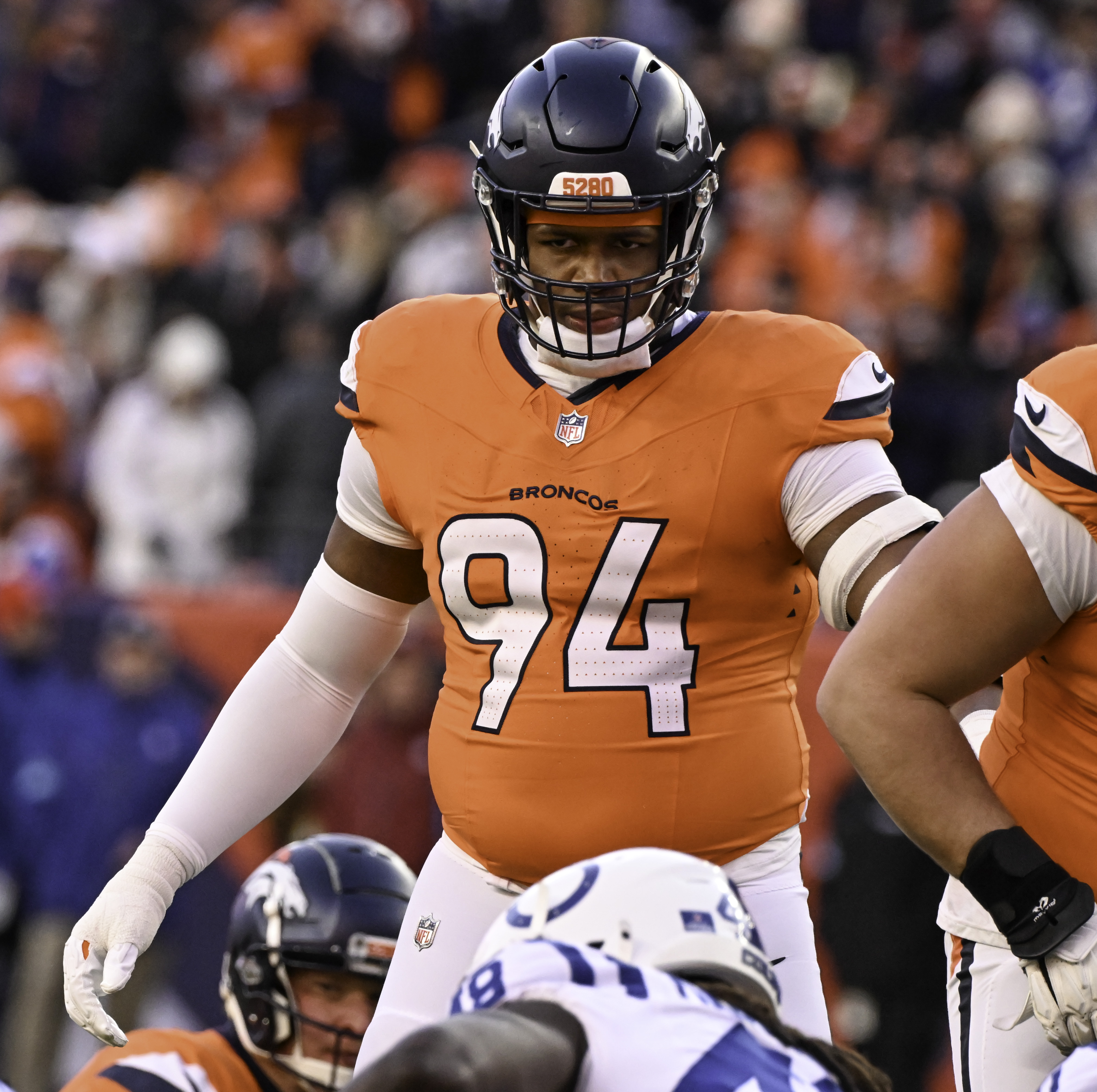 Denver Broncos defensive tackle Jordan Jackson (94) between plays during a game against the Colts. The Broncos defeated the Colts 31-13 at Empower Field at Mile High on Sunday, Dec. 15, 2024. (Jerilee Bennett,The Gazette)