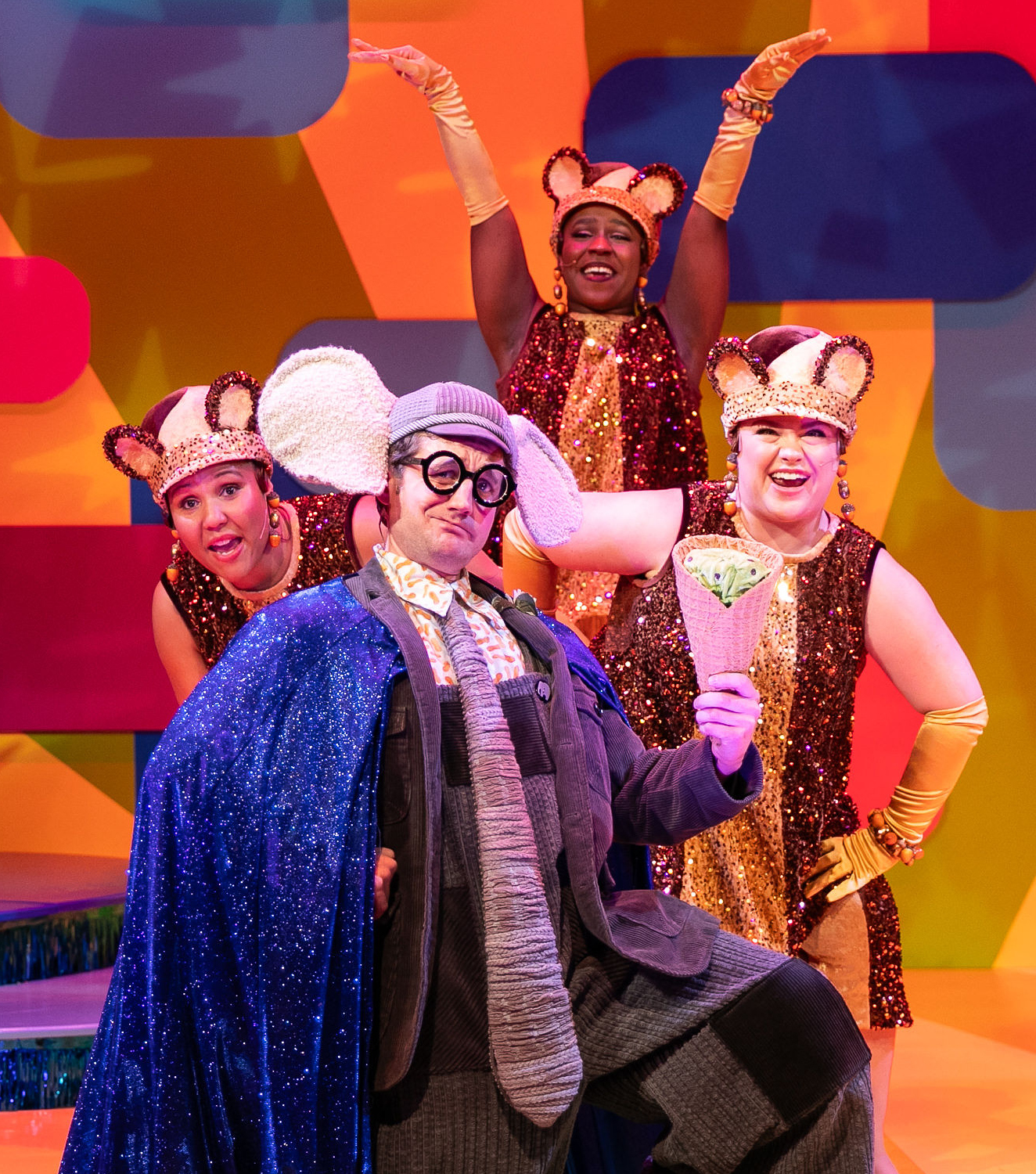From left: Alex Campbell, Sean Scrutchins, Kiara Monet and Megan Schraeder in Elephant & Piggie's “We Are in a Play!” at the Denver Center through Dec. 22. (Jamie Kraus Photography)