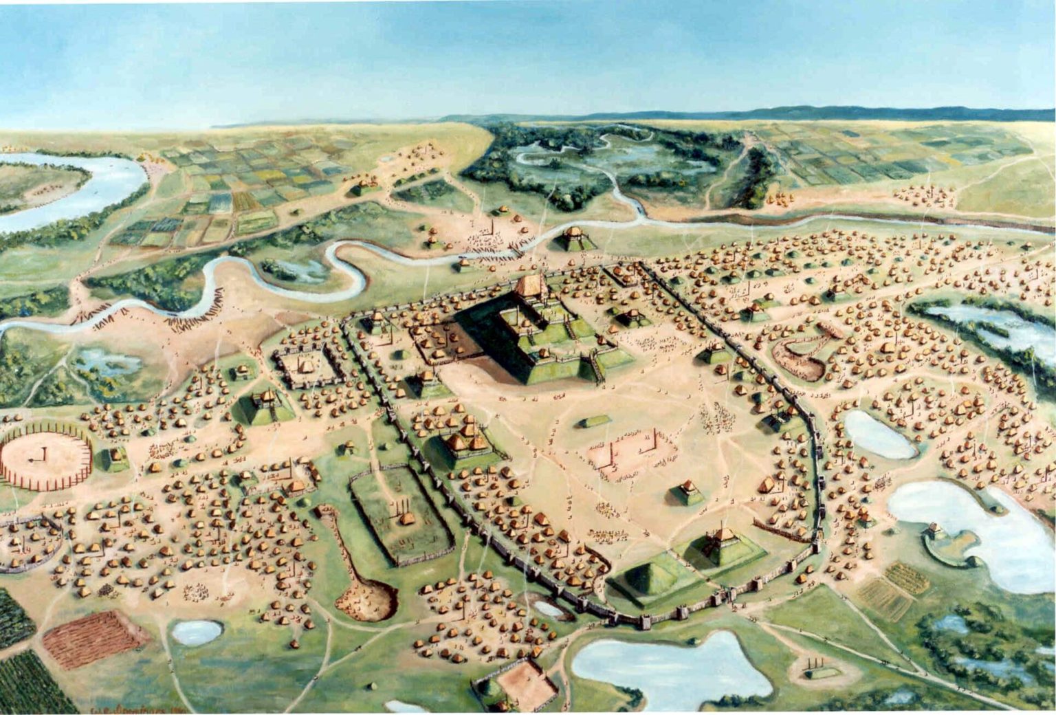 Rendering of Cahokia Mounds site by William Iseminger. (Courtesy of Cahokia Mounds State Historic Site)