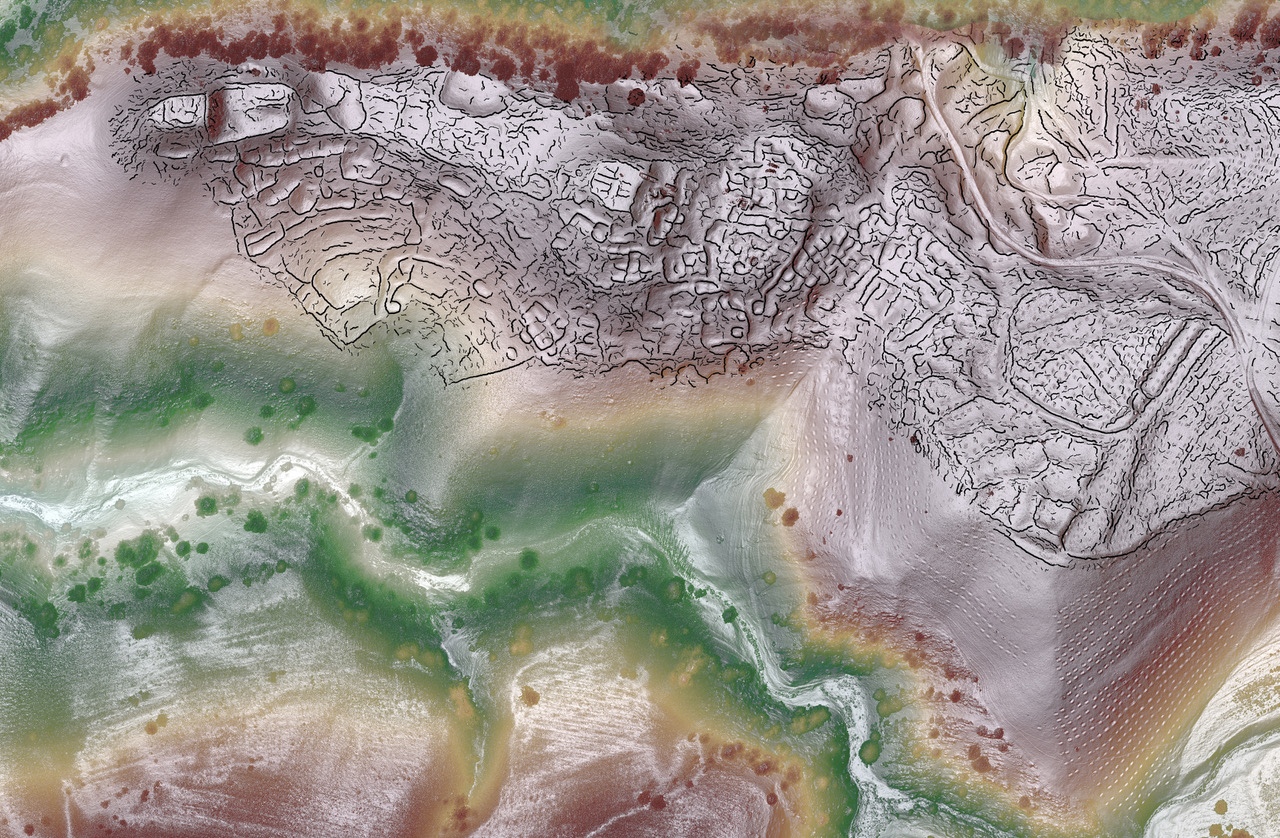 Composite lidar view of Tugunbulak, an ancient highland city along the Silk Road, connecting ancient trade routes. (Courtesy of SAIElab/J.Berner/M.Frachetti)