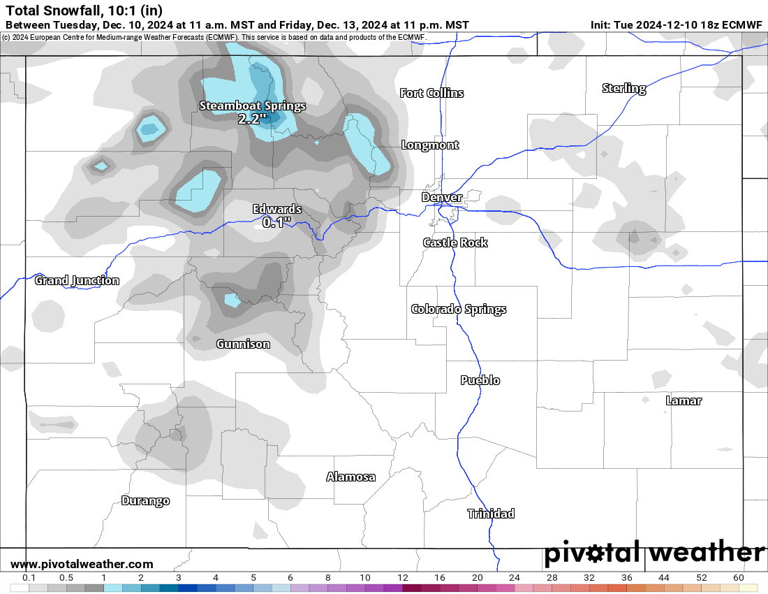 An ECMWF Total snowfall 10:1 (in) forecast map of Colorado by 11 p.m., Friday, Dec. 13, 2024. (PivotalWeather.com)