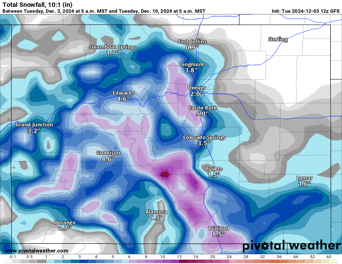 A GFS Total snowfall 10:1 (in) forecast map for Colorado at 5 a.m., Tuesday, Dec. 10, 2024. (PivotalWeather.com)