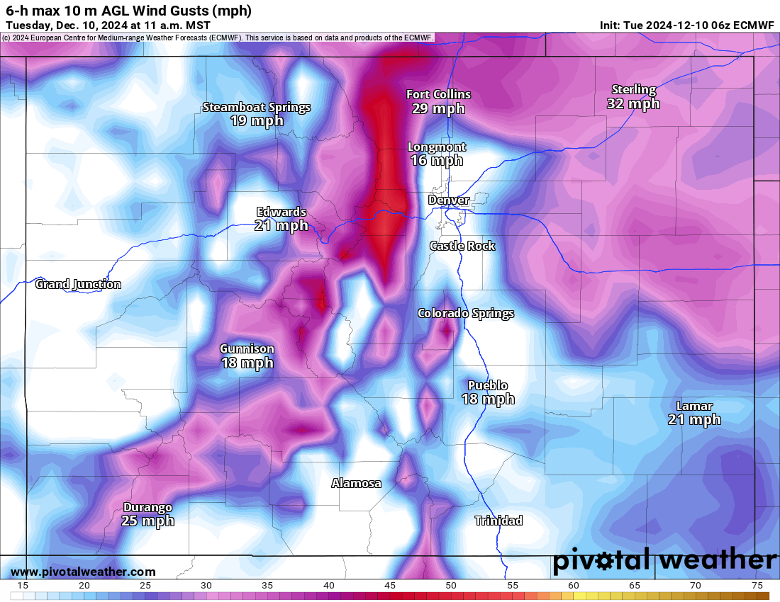 An ECWMF 6-h max 10m AGL Wind Gusts (mph) forecast map for Colorado at 11 a.m., Tuesday, Dec. 10, 2024. (PivotalWeather.com)