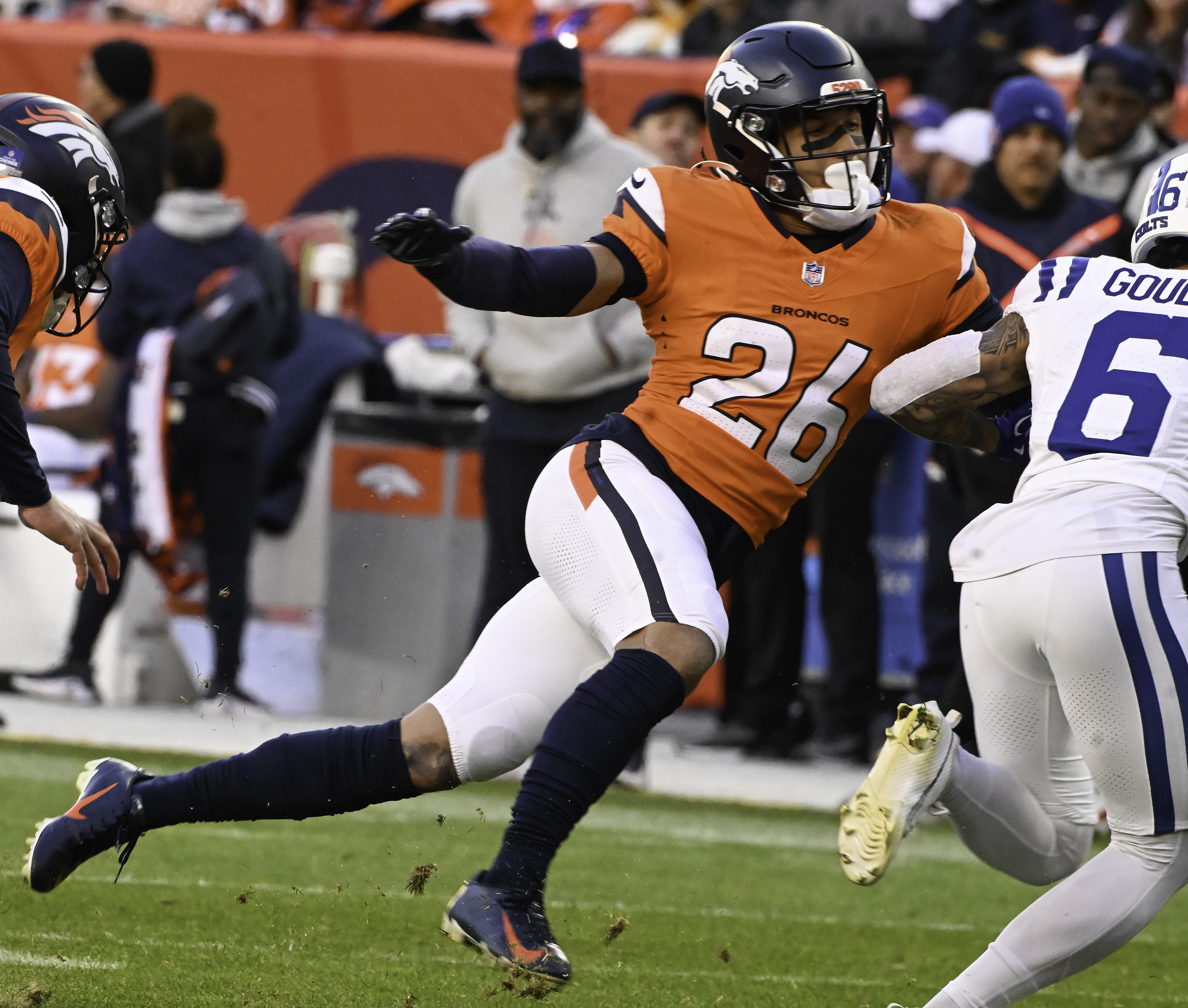 Denver Broncos safety Devon Key (26) defends during a game against the Colts. The Broncos defeated the Colts 31-13 at Empower Field at Mile High on Sunday, Dec. 15, 2024. (Jerilee Bennett,The Gazette)