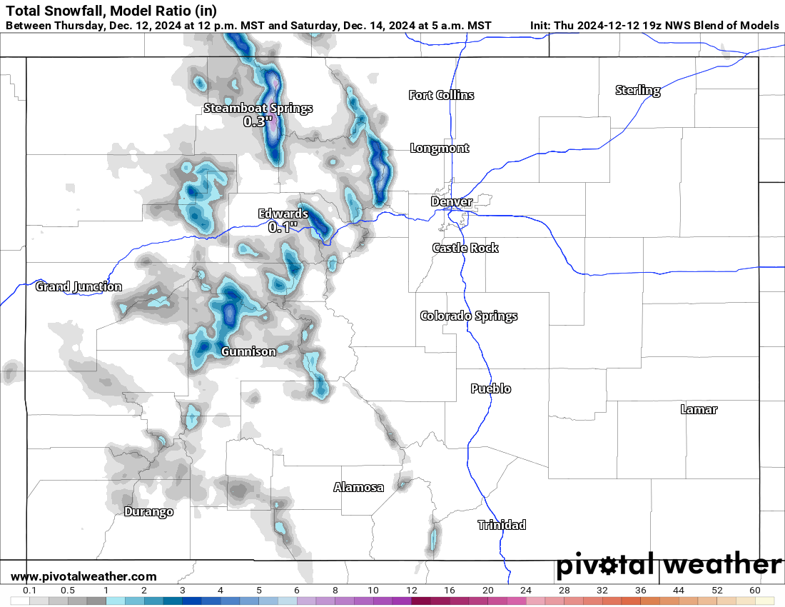 A NWS Blend of Models Total snowfall, Model ratio (in) forecast model map of Colorado for snow accumulations by 8 a.m., Saturday, Dec. 14, 2024. (PivotalWeather.com)
