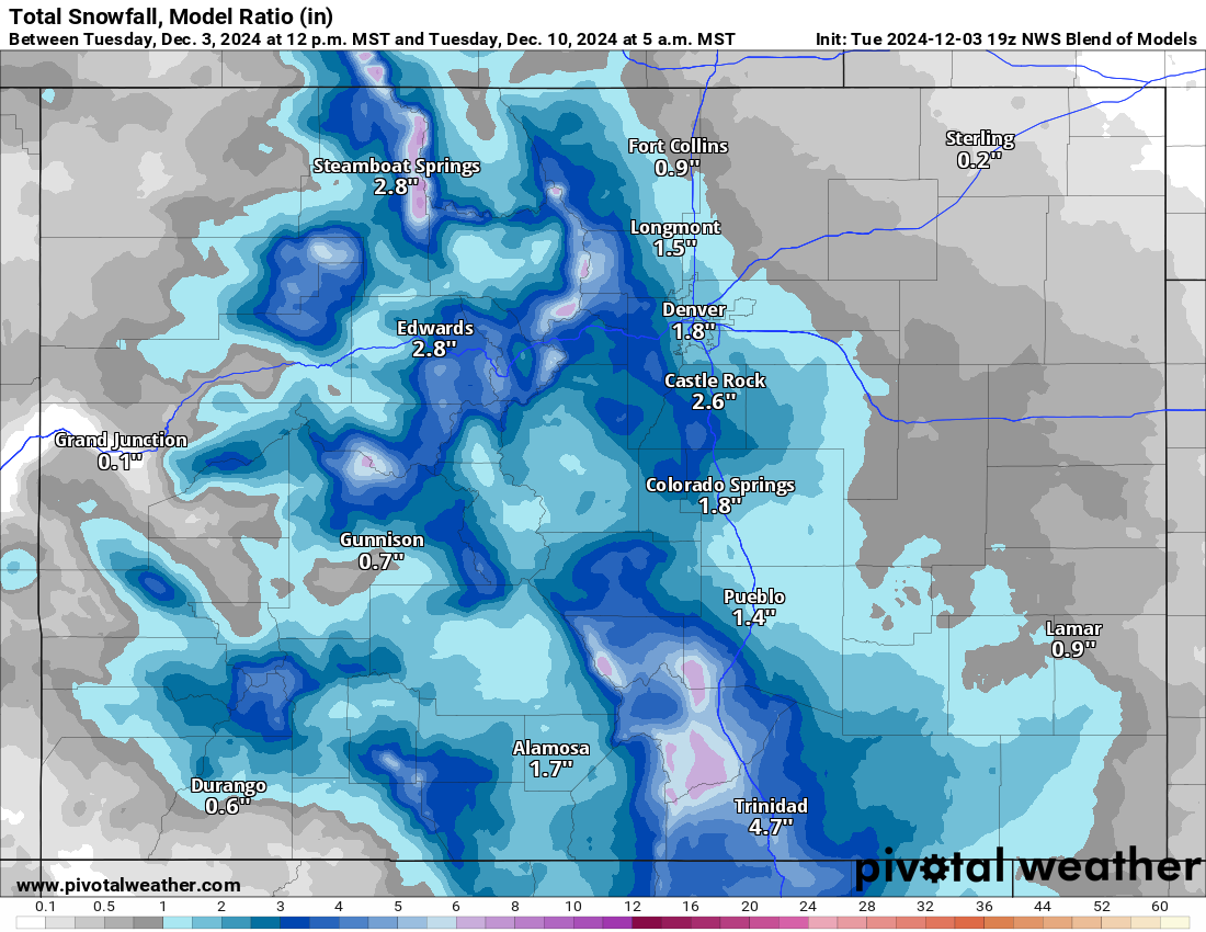 A NWS Blend of Models Total snowfall 10:1 (in) forecast map for Colorado at 5 a.m., Tuesday, Dec. 10, 2024. (PivotalWeather.com)