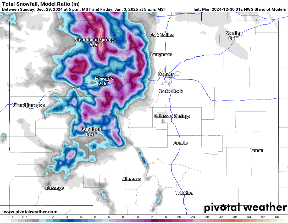 A NWS Blend of Models Total snowfall, Model ratio forecast for Colorado from 6 p.m., Sunday, Dec. 29, 2024 to 5 a.m., Friday, Jan 3, 2025. (PivotalWeather.com)