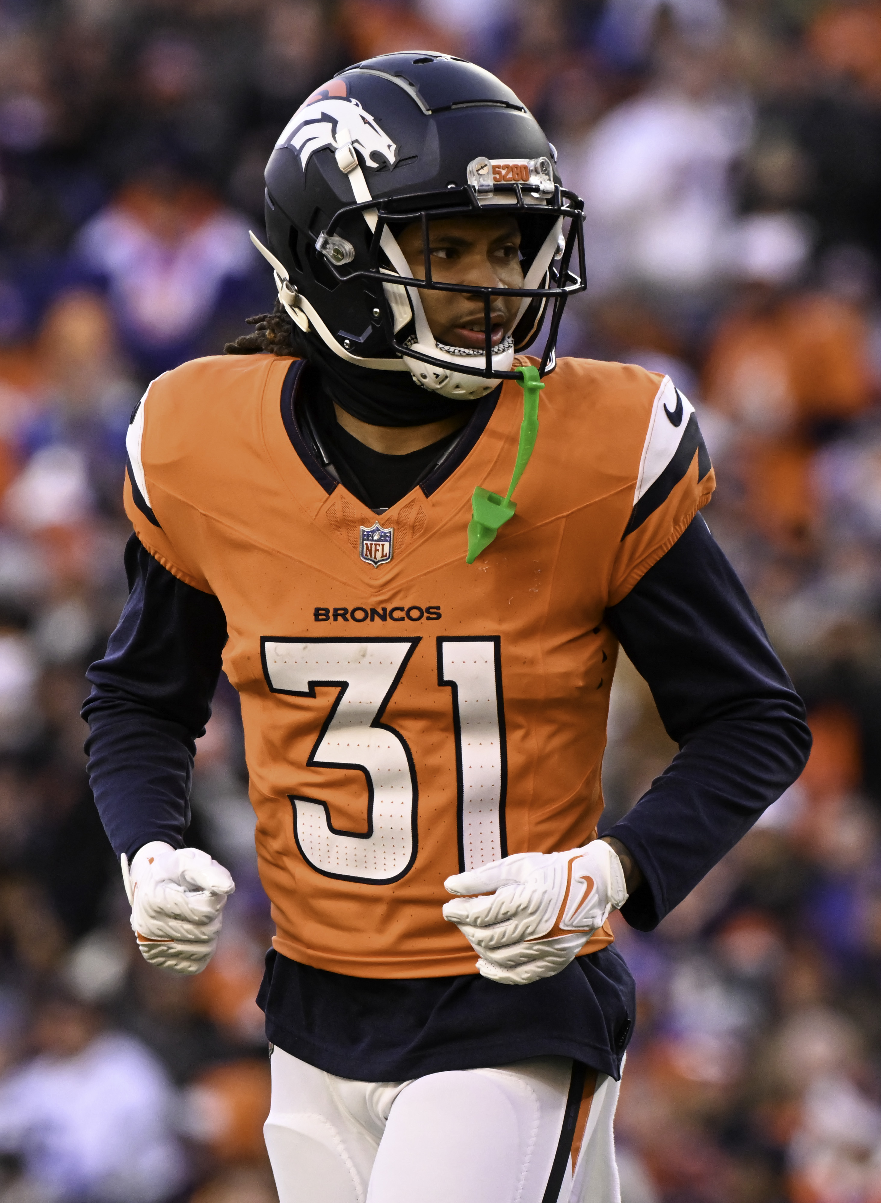 Denver Broncos cornerback Kris Abrams-Draine (31) between plays during a game against the Colts. The Broncos defeated the Colts 31-13 at Empower Field at Mile High on Sunday, Dec. 15, 2024. (Jerilee Bennett,The Gazette)
