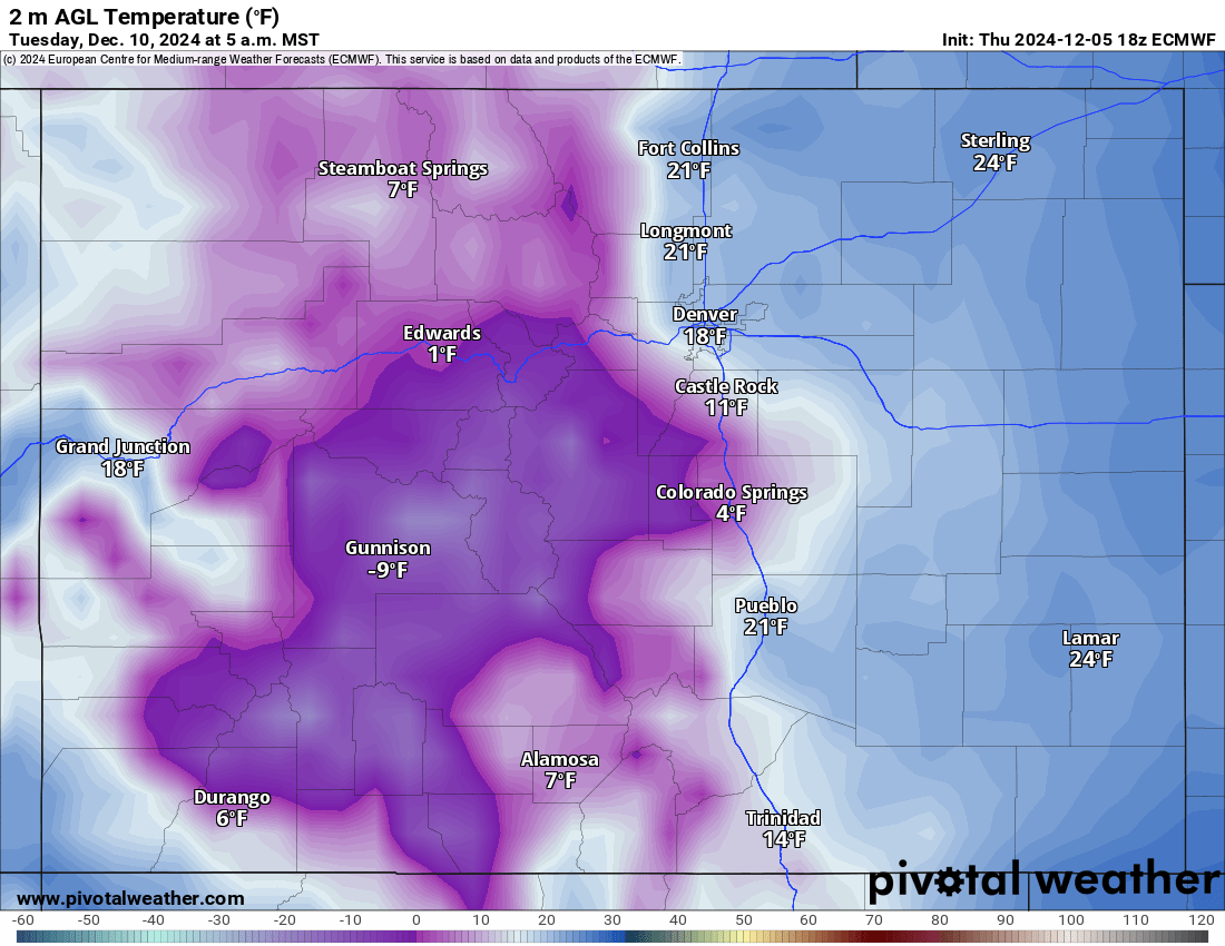 An ECMWF 2 m AGL Temperature (F) forecast map for Colorado at 5 a.m., Tuesday, Dec. 10, 2024. (PivotalWeather.com)