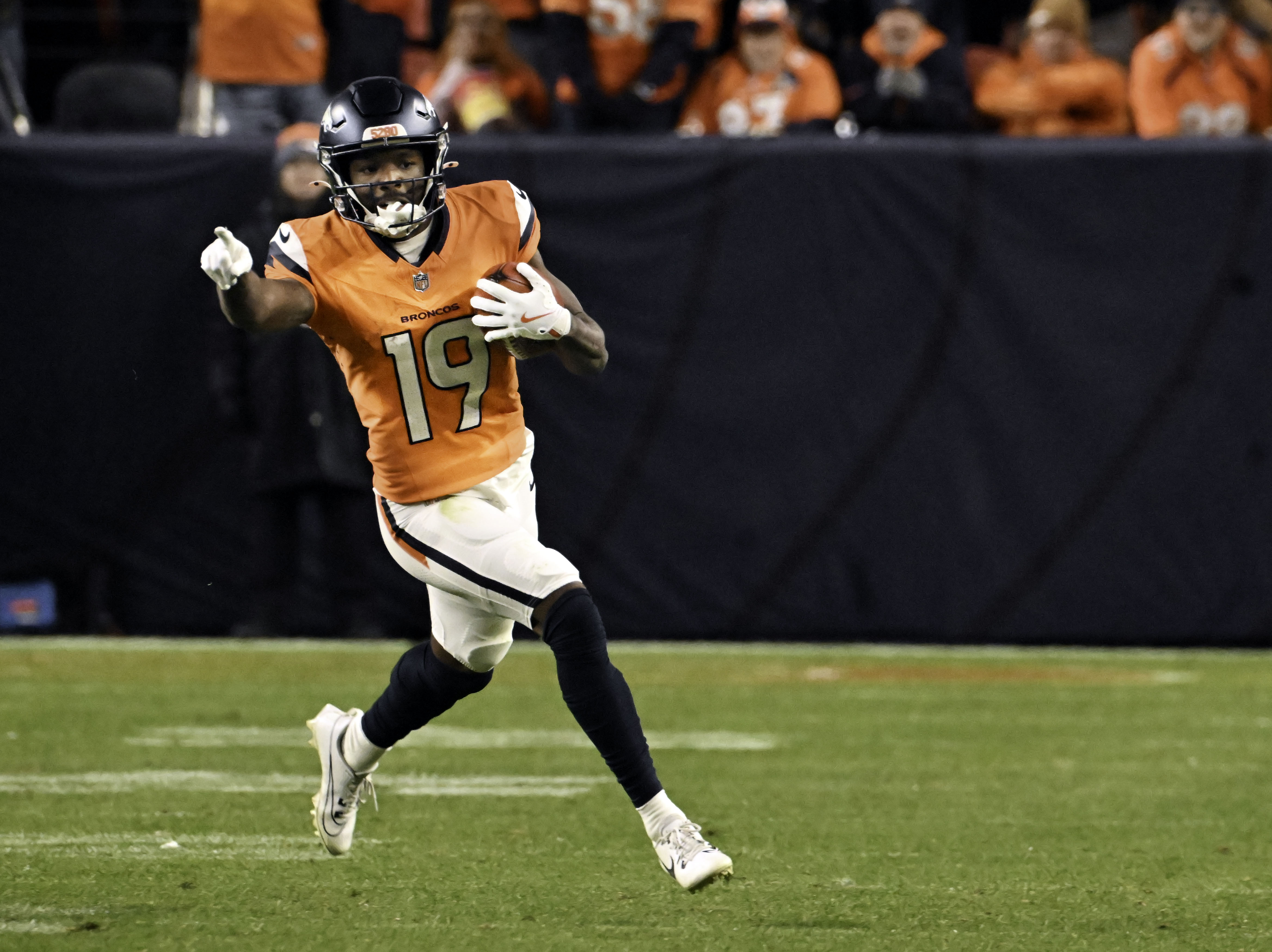 Denver Broncos wide receiver Marvin Mims Jr. (19) points downfield while running with the ball during a game against the Colts on Sunday, Dec. 15, 2024. (Jerilee Bennett,The Gazette)