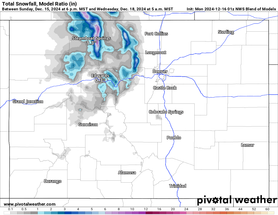 A NWS Blend of Models Total snowfall 10:1 (in) forecast map of Colorado for 5 a.m., Wednesday, Dec. 18, 2024. (PivotalWeather.com)