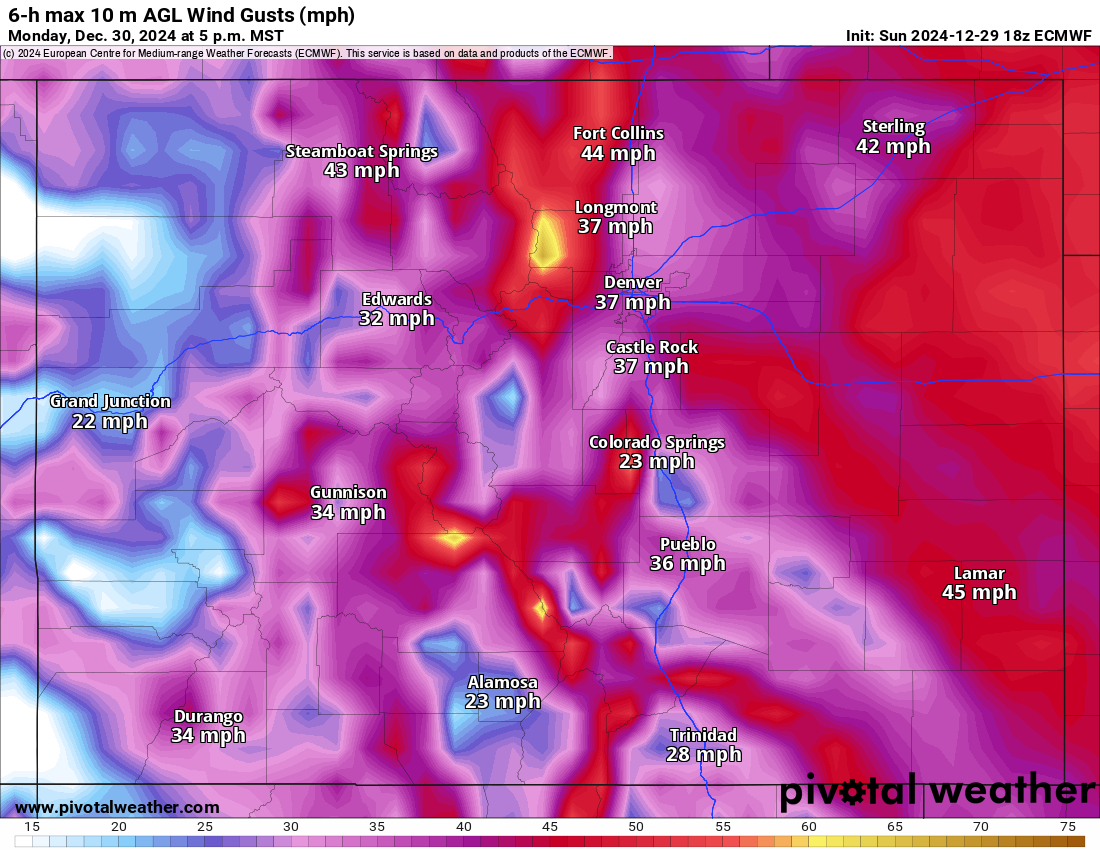 An ECWMF 6-h max 10 m AGL Wind Gusts (kt) forecast model map of Colorado for Monday, Dec. 30, 2024 (PivotalWeather.com)