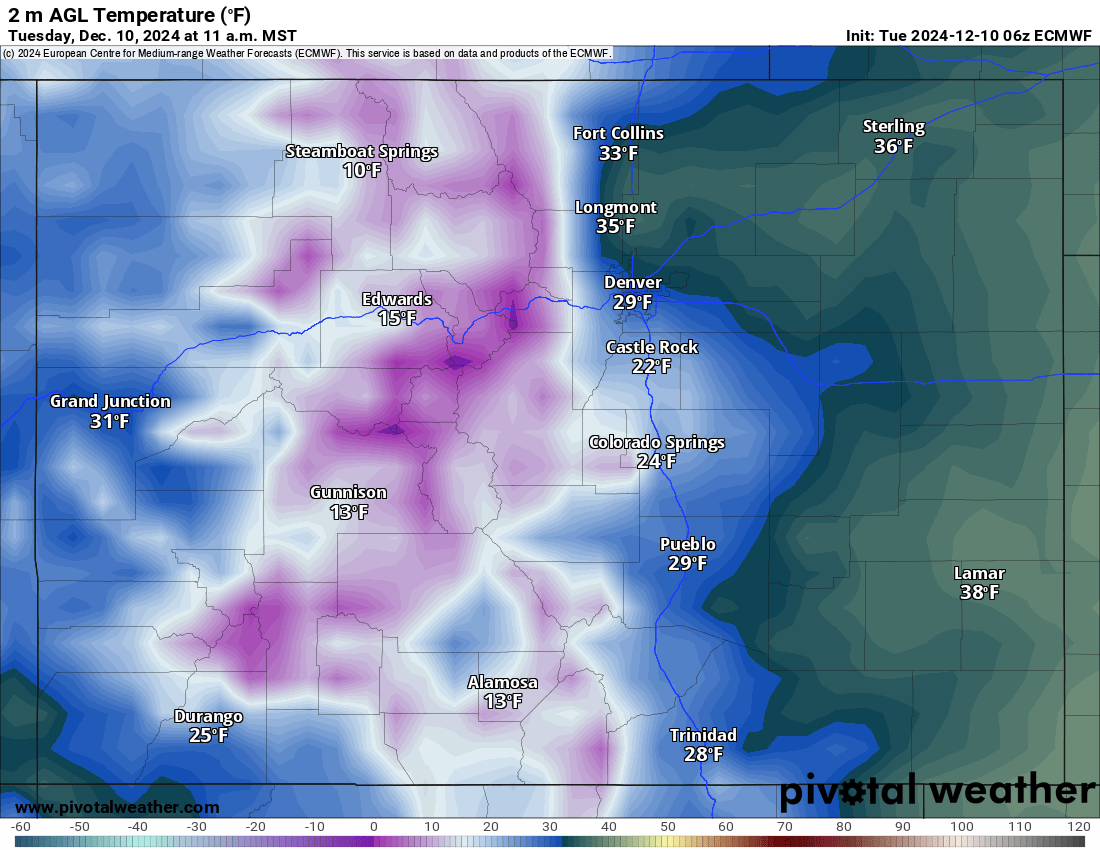 An ECMWF 2 m AGL Temperature (F) forecast map for Colorado at 11 a.m., Tuesday, Dec. 10, 2024. (PivotalWeather.com)