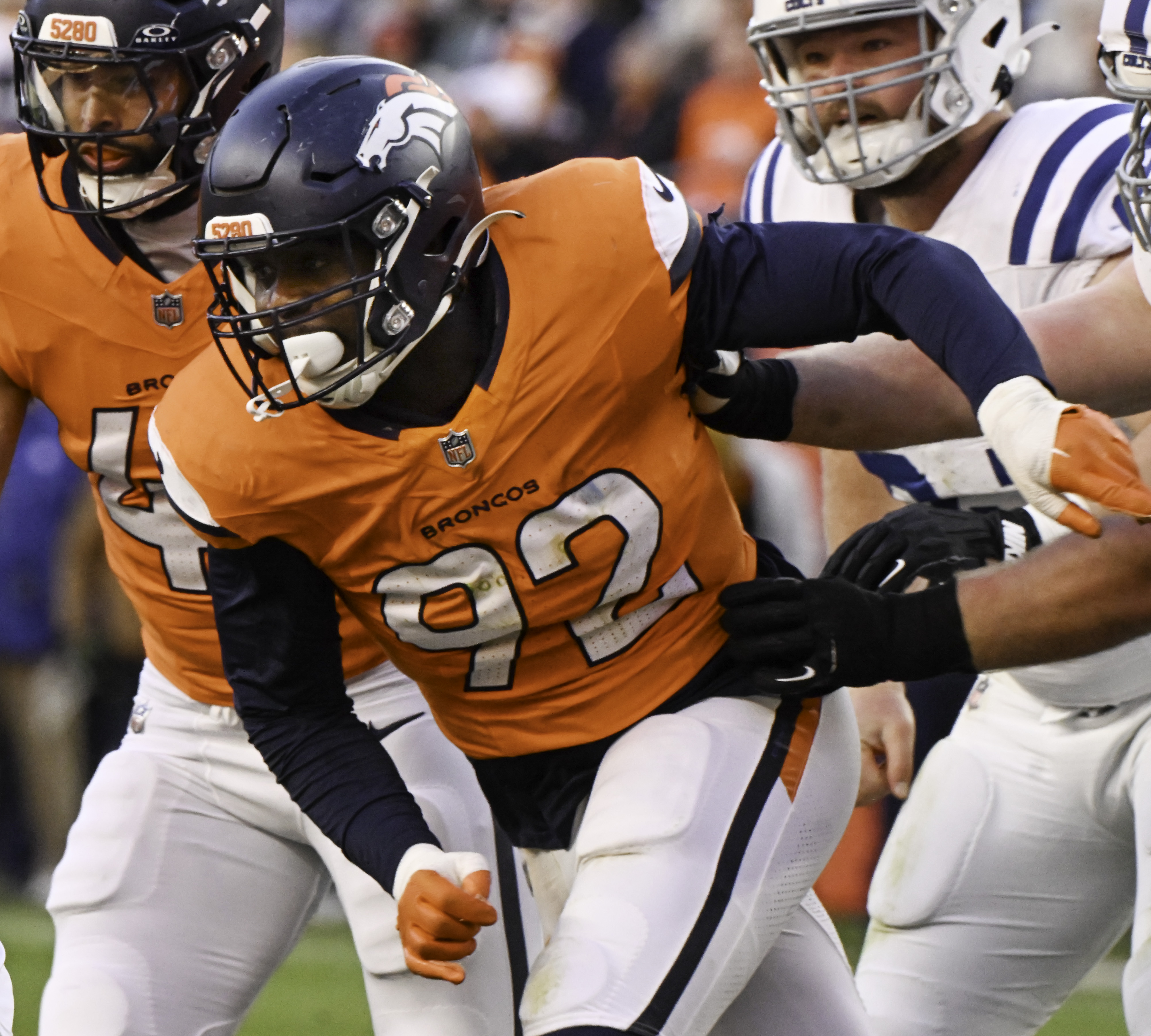 Denver Broncos linebacker Dondrea Tillman (92) during a game against the Colts. The Broncos defeated the Colts 31-13 at Empower Field at Mile High on Sunday, Dec. 15, 2024. (Jerilee Bennett,The Gazette)