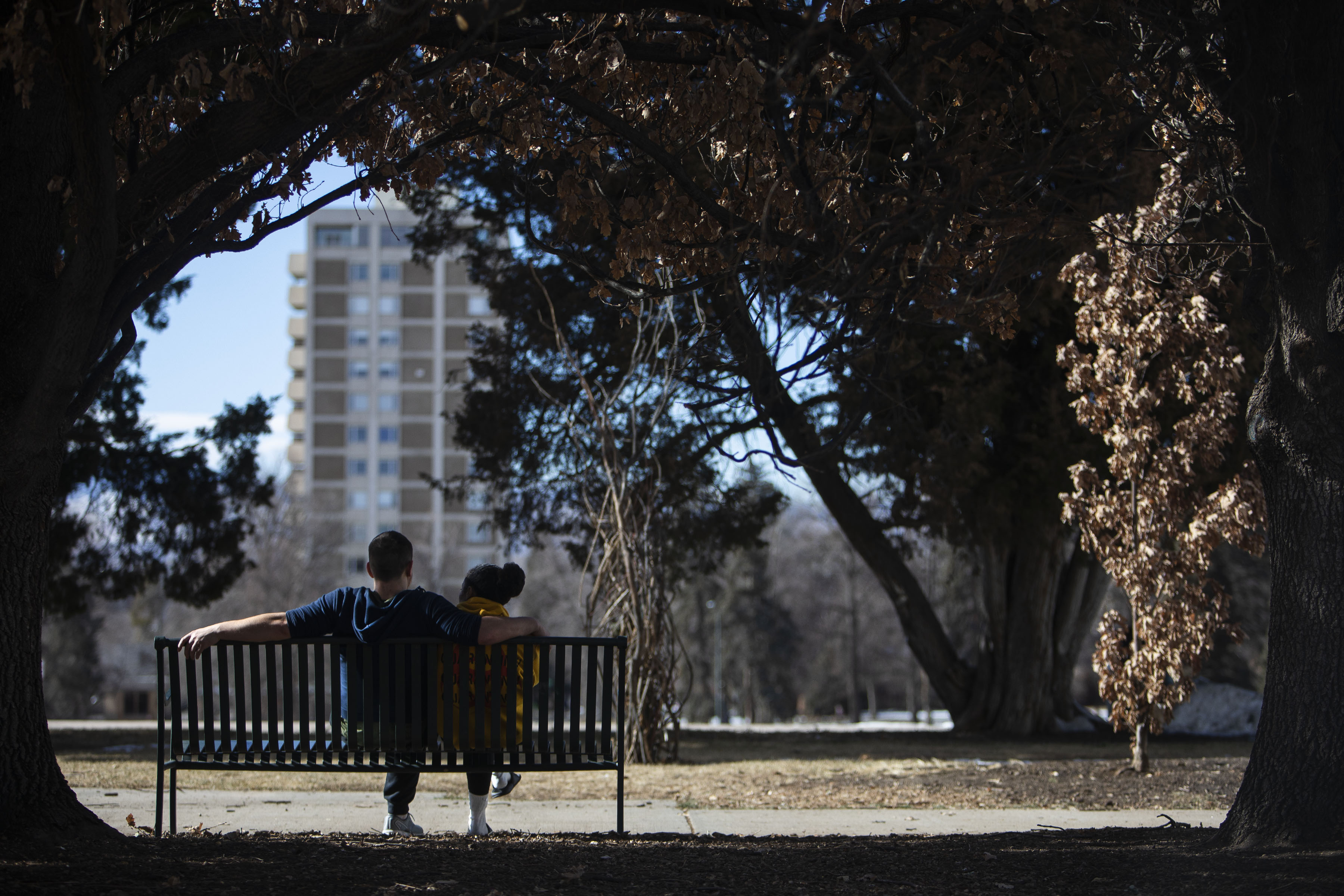 Bellina Guerra and Matthew Harrison enjoy a sunny day in Cheesman Park on Monday, Jan. 31, 2022, in Denver, Colo. (Timothy Hurst/The Gazette) (Timothy Hurst)