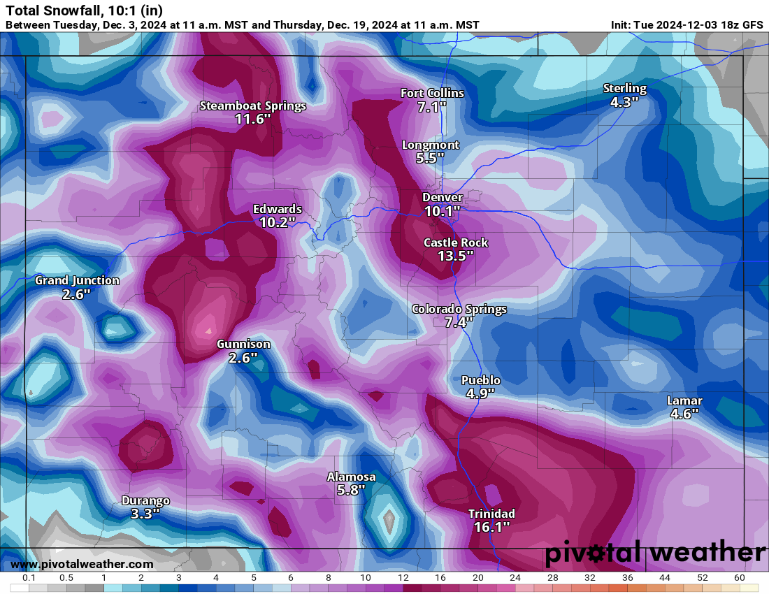 A GFS Total snowfall 10:1 (in) forecast model for Colorado from Tuesday to Thursday, Dec. 18, 2024. (PivotalWeather.com)