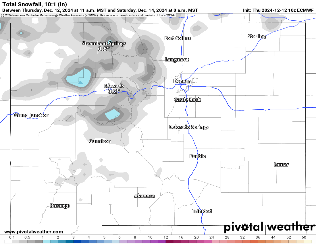 An ECMWF Total snowfall 10:1 (in) forecast model map of Colorado for snow accumulations by 8 a.m., Saturday, Dec. 14, 2024. (PivotalWeather.com)